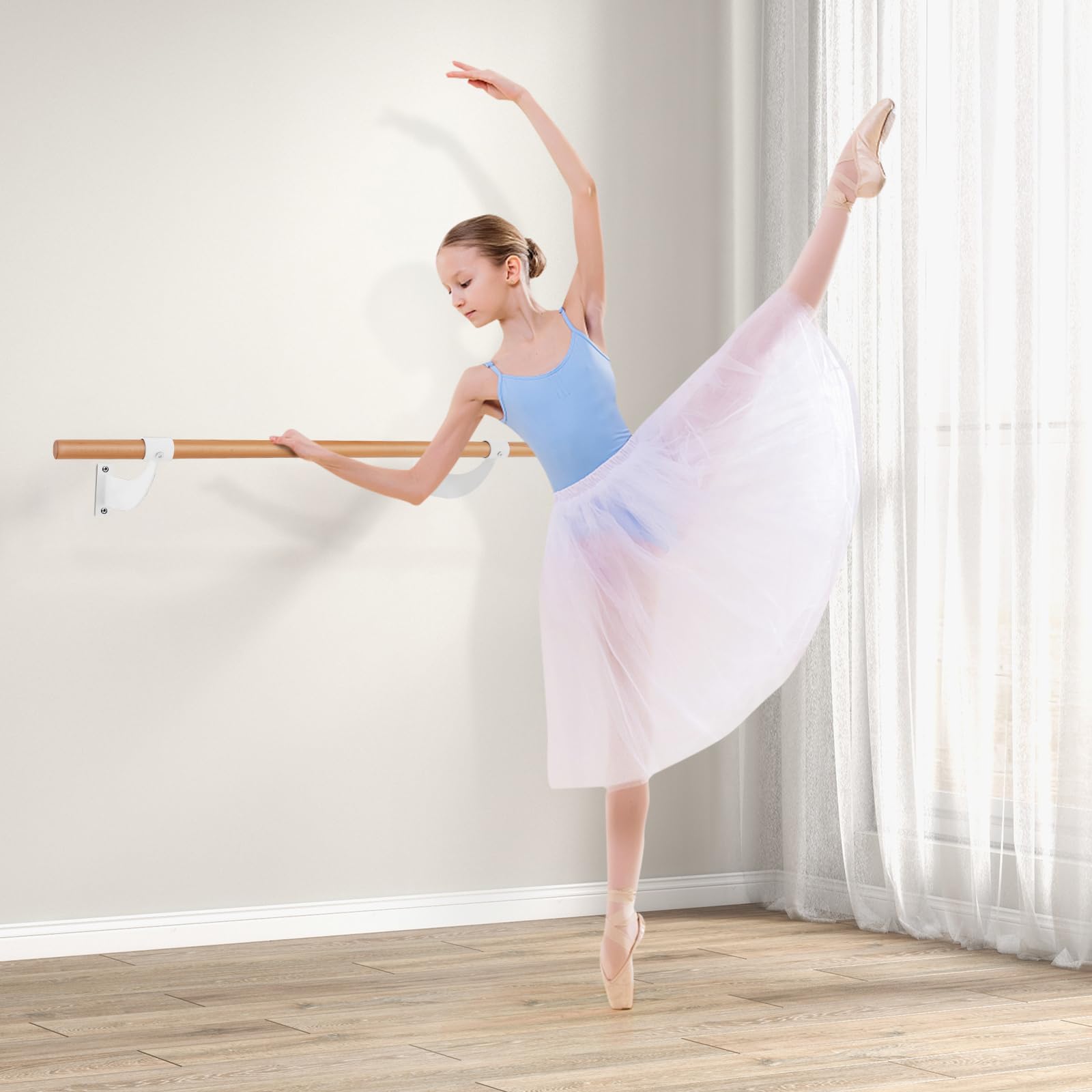 GYMAX Ballettstange 120cm, wandhalter Übungsstange aus Holz, Tanzstange für Tanz & Stretching, Ballettstangenhalter für Kinder & Erwachsene