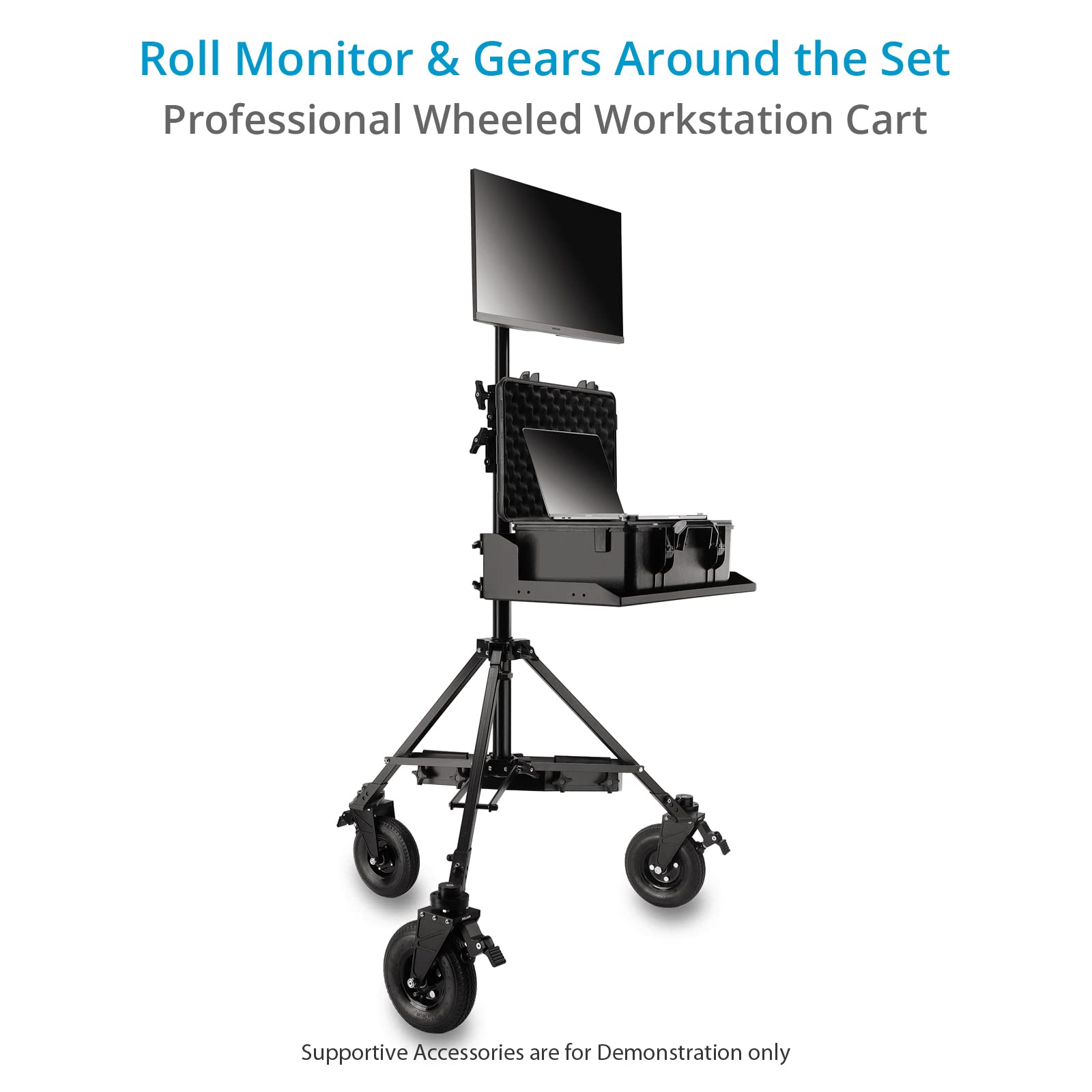 PROAIM Alpha Stand Postazione Mobile con Attacco Monitor e Vassoio | Adatto ad aste 38–50mm con morsetti senza utensili, costruzione in alluminio CNC e supporto rivestito per laptop e case