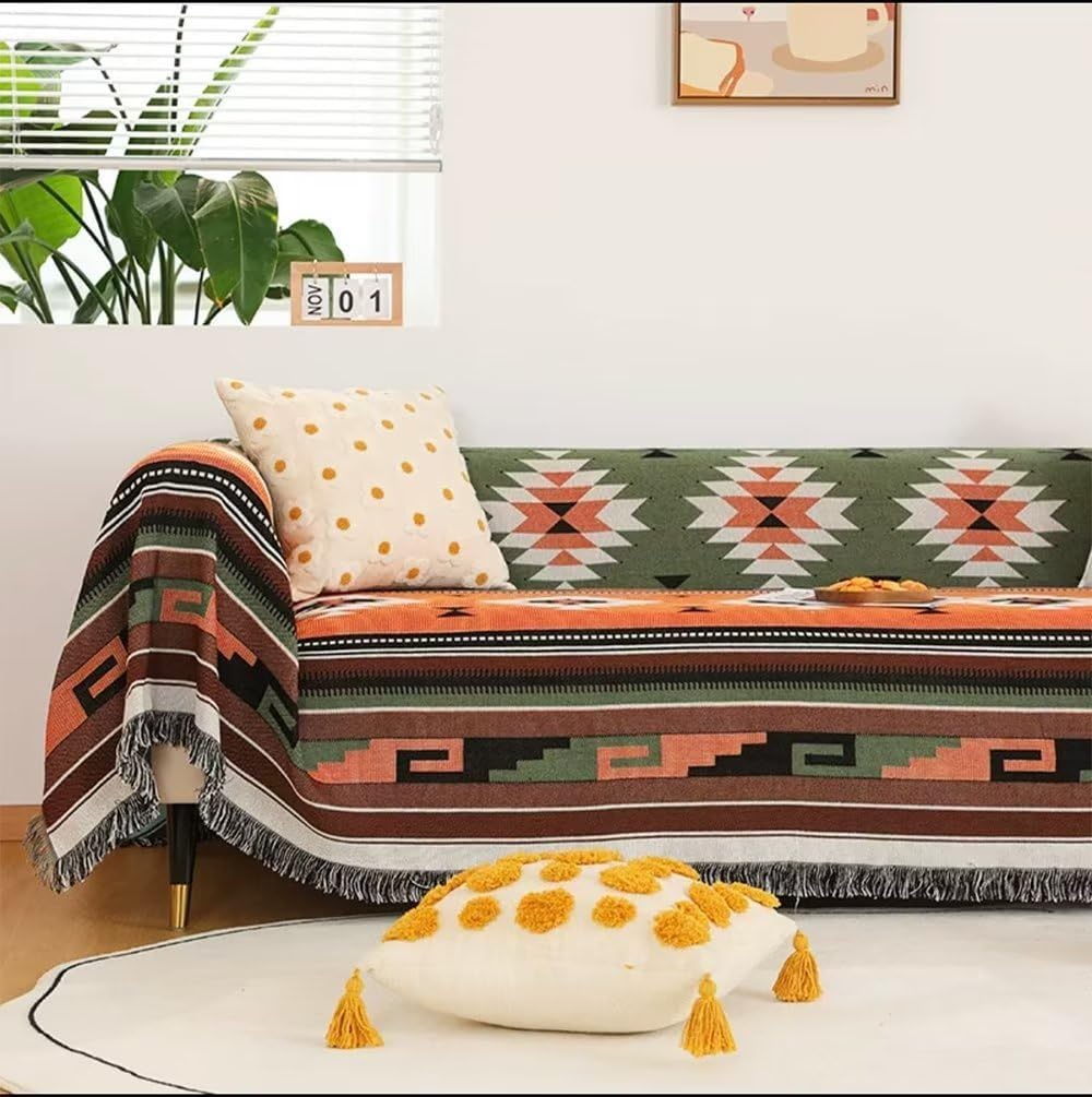 Lqprom Southwest Throw Blankets Aztec Southwestern Throws Cover Boho Native American Blankets for Gift Sofa Table Bed Living Room Decor Outdoor Camping Picnic Tent Beach Car Traveling 63"x87" Orange Green 63"x87"