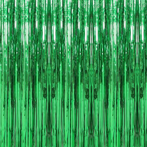 Image of 4 Pack Green Foil Fringe Curtains Streamers Party Decorations 3.3 x 8.2 ft, Blue Tinsel Curtain Fringe Backdrop for Parties, Door Fringe Birthday Streamers, Photo Booth Backdrops, Party Decor