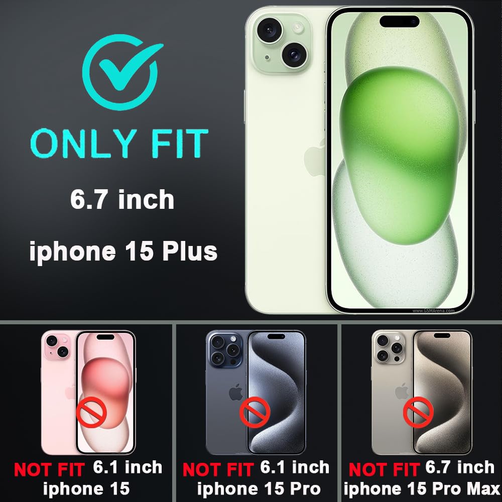 Funda para iPhone 15 Plus con 2 protectores de pantalla de vidrio templado y 1 protector de lente de cámara, grado militar, 3 en 1, resistente, a prueba de golpes, caídas y polvo (azul