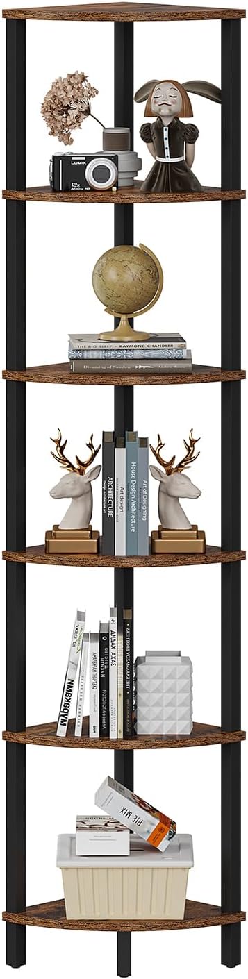 VIMBER Corner Shelf, 6-Tier Corner Bookshelf, Industrial Corner Ladder Shelf, DIY Storage Shelves, Rustic Display Shelf for Living Room, Bedroom, Kitchen, Home Office, Rustic Brown and Black UJSJ004F