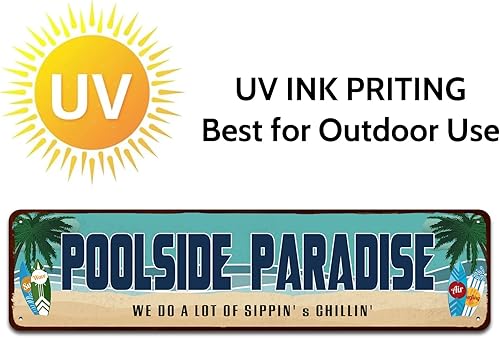 Miniatura 4 de Poolside Paradise - Letrero de metal de aspecto rústico para piscina al aire libre, bañera de hidromasaje, Tiki para patio trasero, regalo de 4 x 16