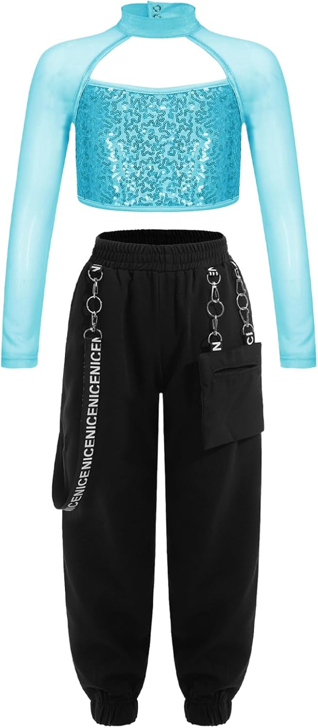 JanJean Kids Girls 2Pcs Active Tracksuit Long Sleeve Crop Top with Athletic Trousers Set for Workout Sports Dancewear