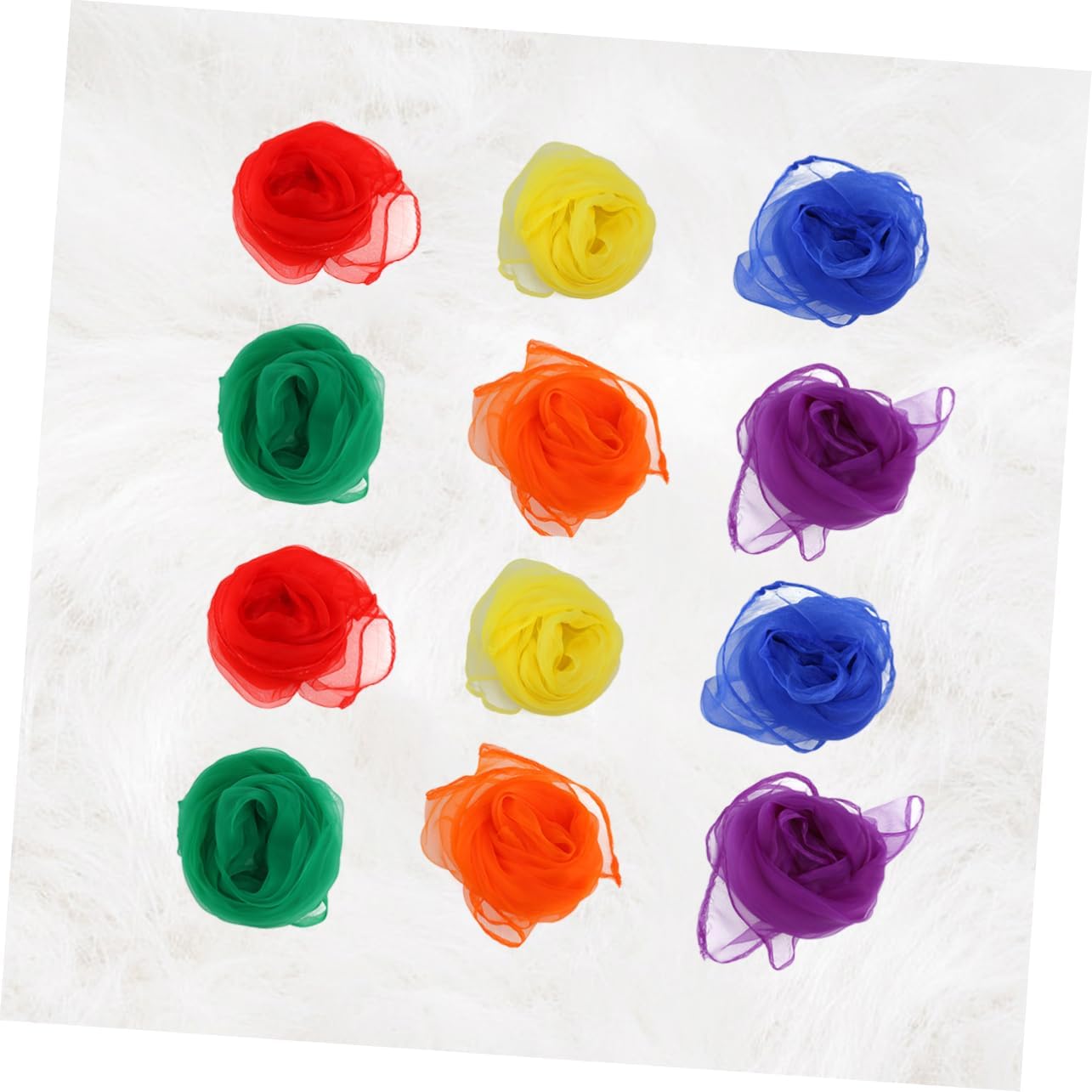 OUNONA 12-Pack Colorful Square Juggling Scarves for Dance Rhythm Activities Hemmed Silk Scarves in Yellow Red Orange Blue Purple Green 2 of Each Color