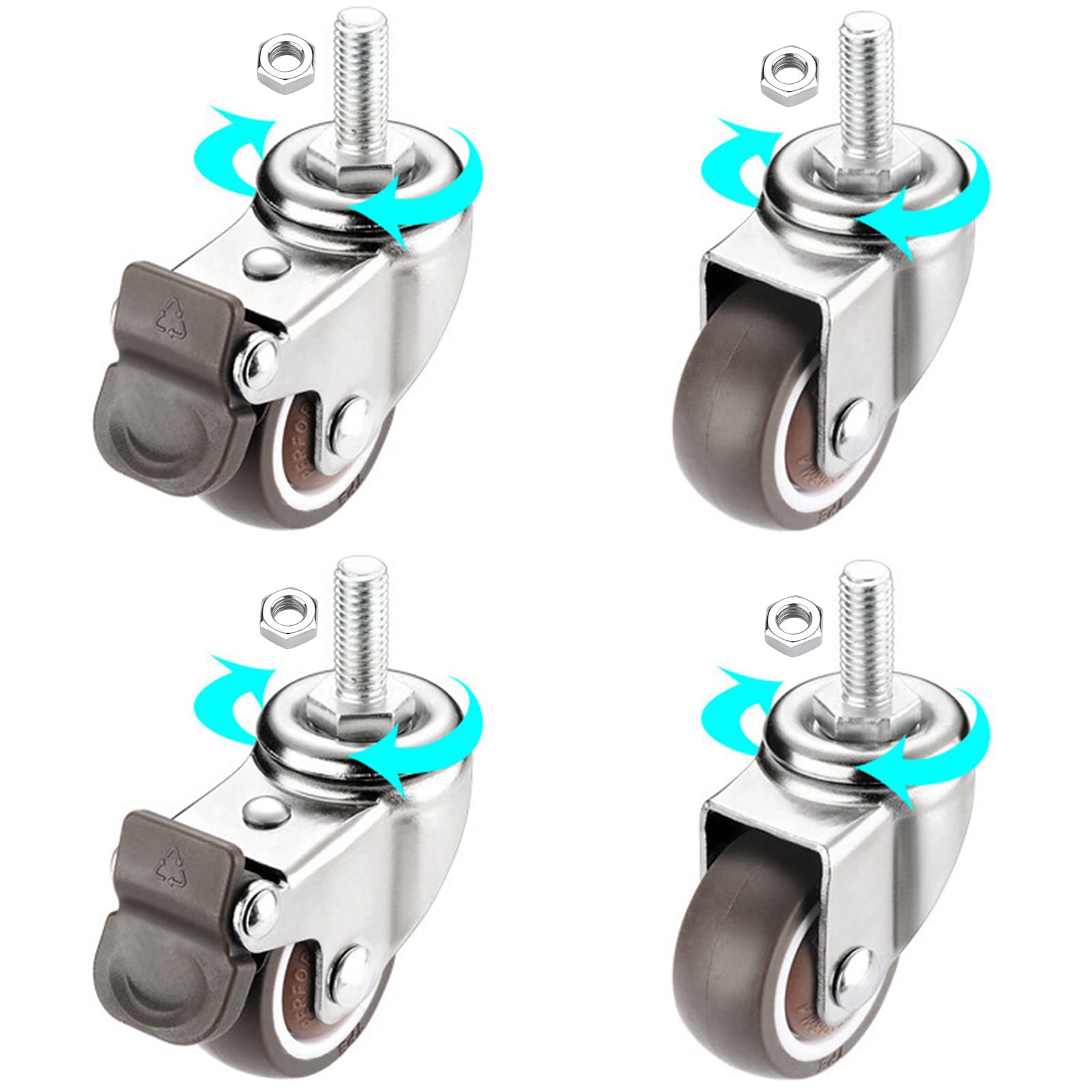 Rotelle girevoli mute Gomma TPR,Pivotanti Ruote mobili,Ruote Con gambo filettato,per Mobili,Sedie,Tavolo,Carrello,Banco da lavoro,4 pezzi,M10-2nobrakes+2brakes