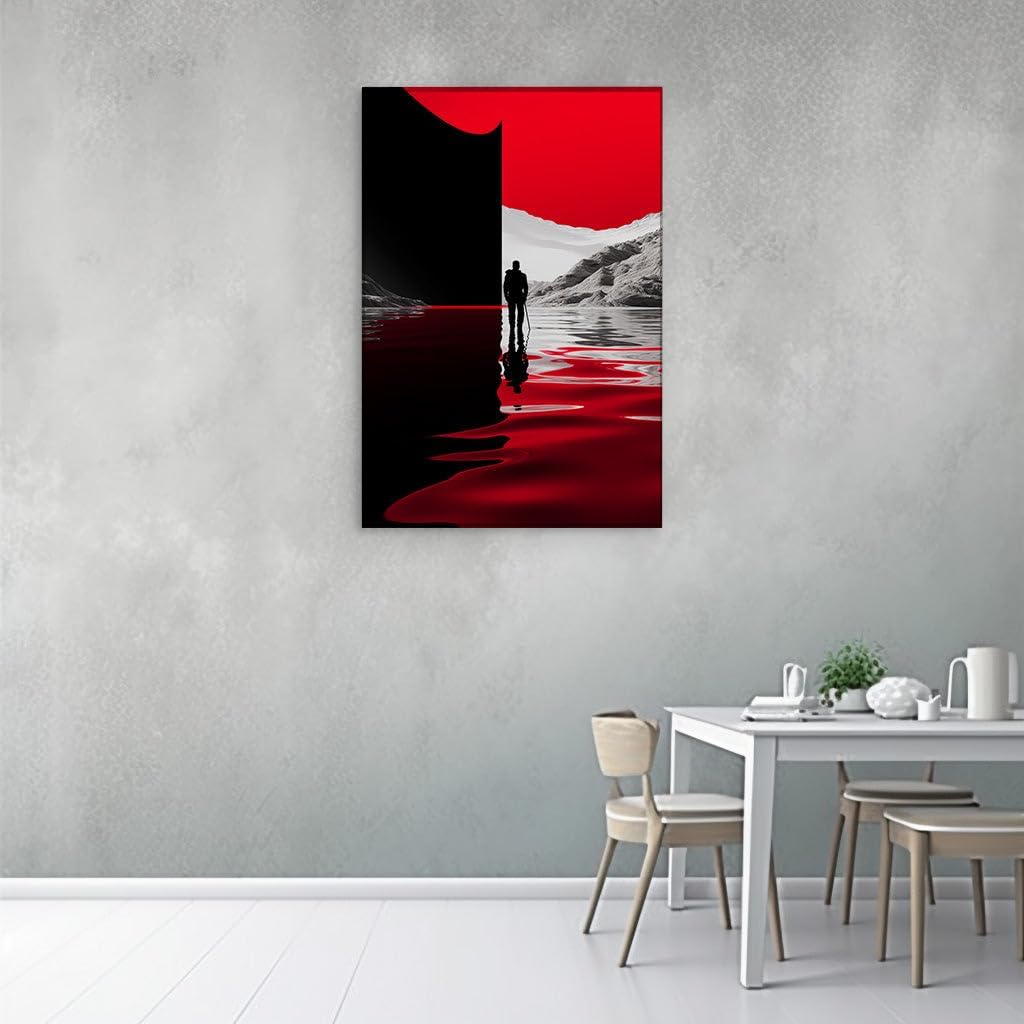 Canvas for Living room. Crimson Twilight: A Man, A Moon, and Mountains in Stark Contrast, 27 x 18 inch Canvas Wall Art - Surrealistic Visions - Modern Home Decor - 69x46 cm (27x18 inch)