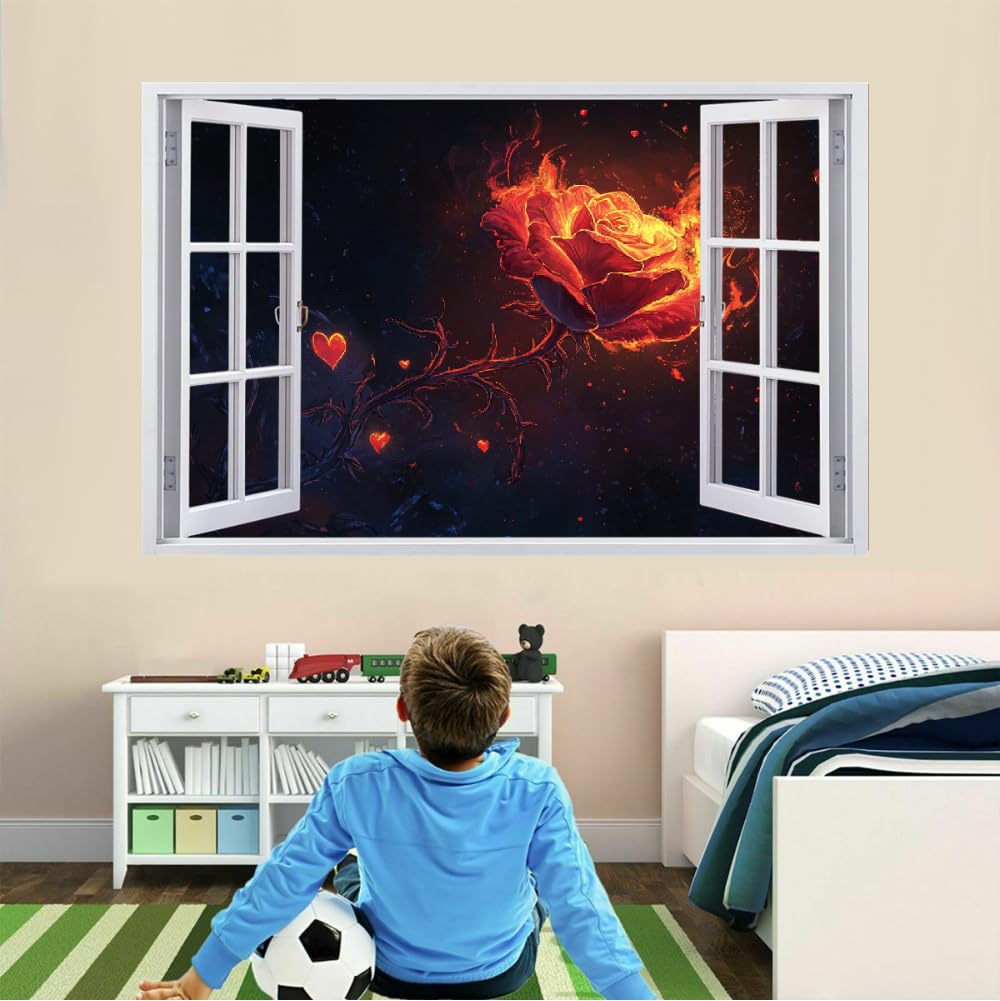 Pegatinas de decoración de pared 3D, Rosas Calcomanías De Suelo De Vinilo Impermeables Extraíbles Arte, Arte Abstracto De Llama Calcomanías De Mural De Pared Rotas Para Niños Dormitorio 120x80cm