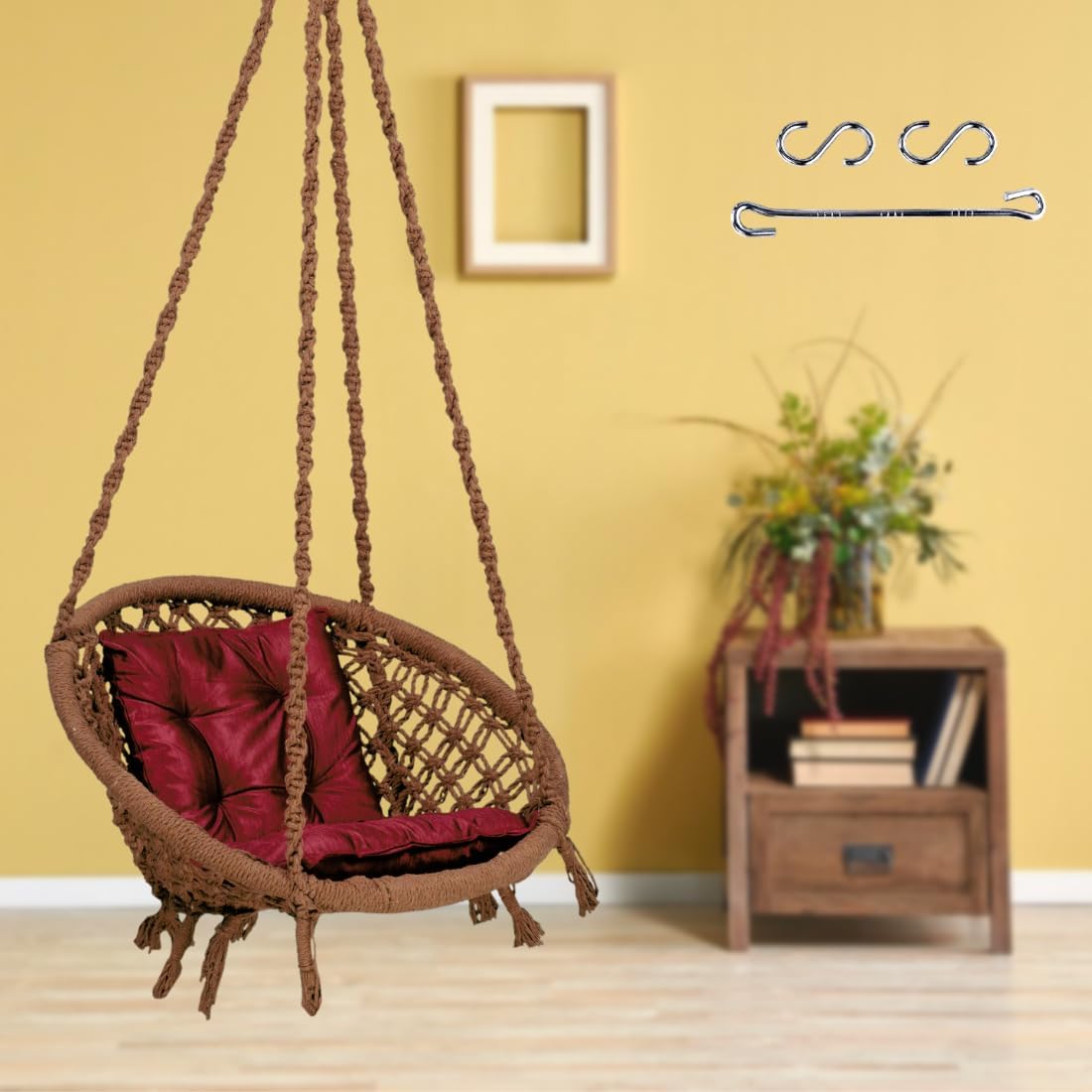 Swingzy Cotton Netted Rope Round Hanging Swing for Kids & Adults/Swing Chair with Red L-Cushion for Indoor, Outdoor, Patio, Swing Chair with Free Hanging Accessories (120 kgs Capacity, Brown)