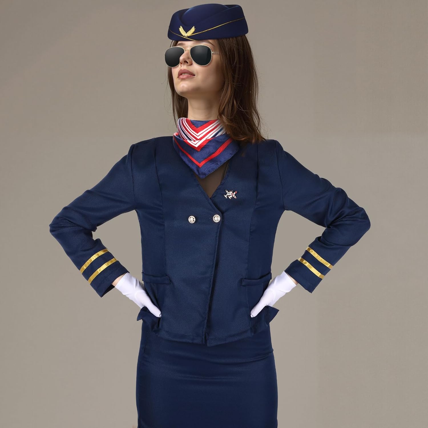 Xtinmee 7 Pcs Halloween Flight Attendant Costume Women's Pilot Captain Cosplay Accessories Pilot Hat Role Outfits