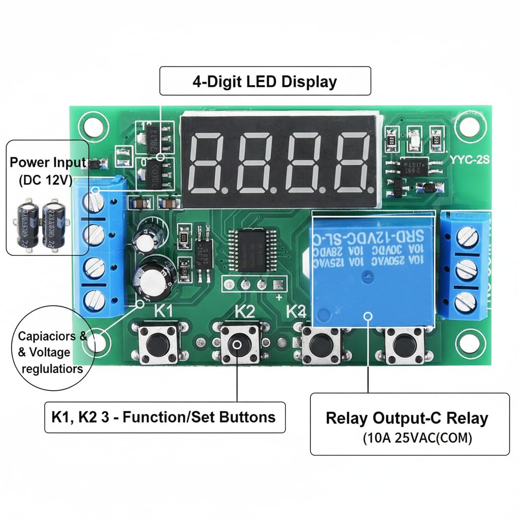 Modulo Timer Ciclico Digitale 12V Display LED Regolabile per Automazione Industriale e Controllo