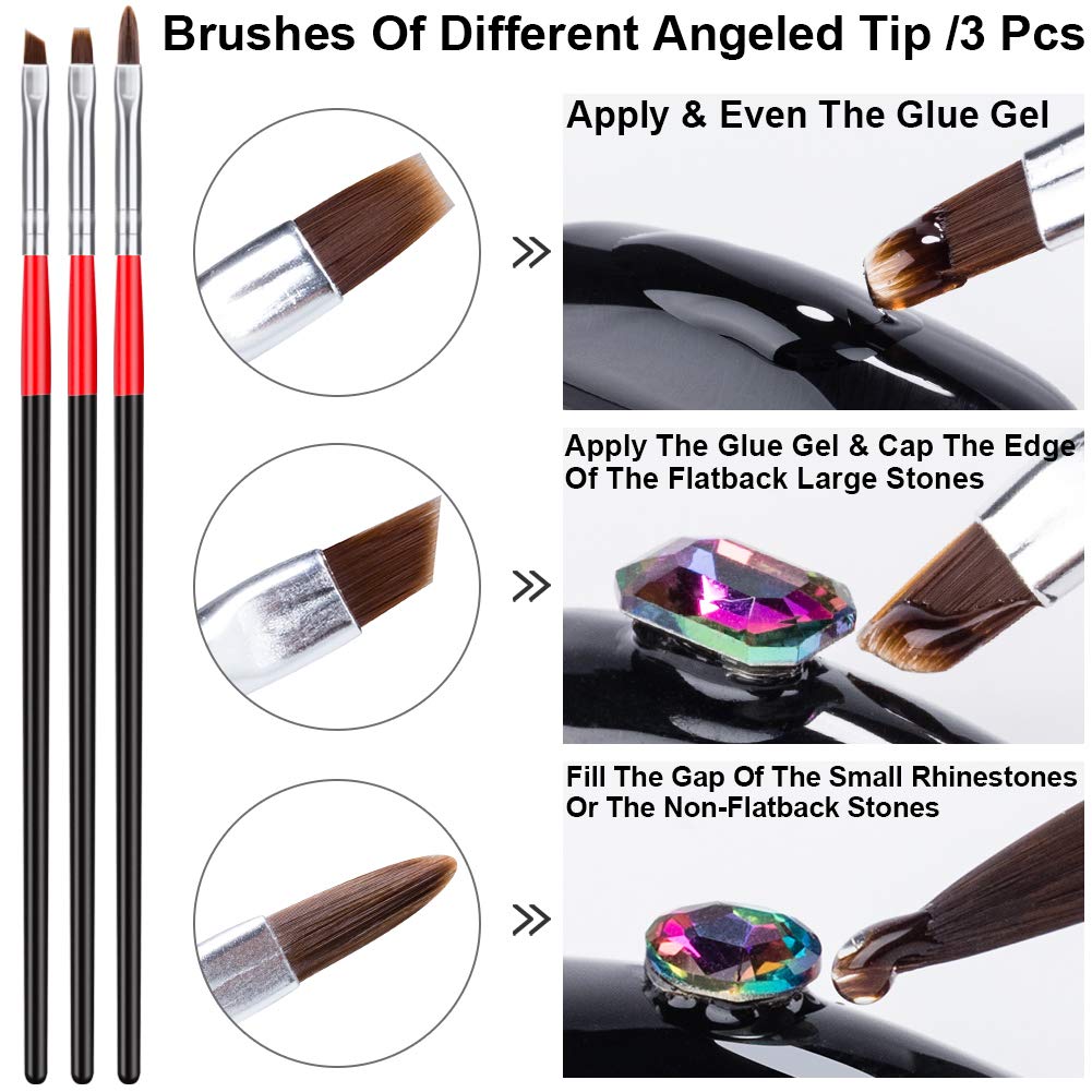 15ml NO Wipe Rhinestone Glue Gel Adhesive(LED Lamp Cure Needed) + 3 Brushes Clear Resin for Bling Gem Jewelry Diamond Polish Decoration Nail Art