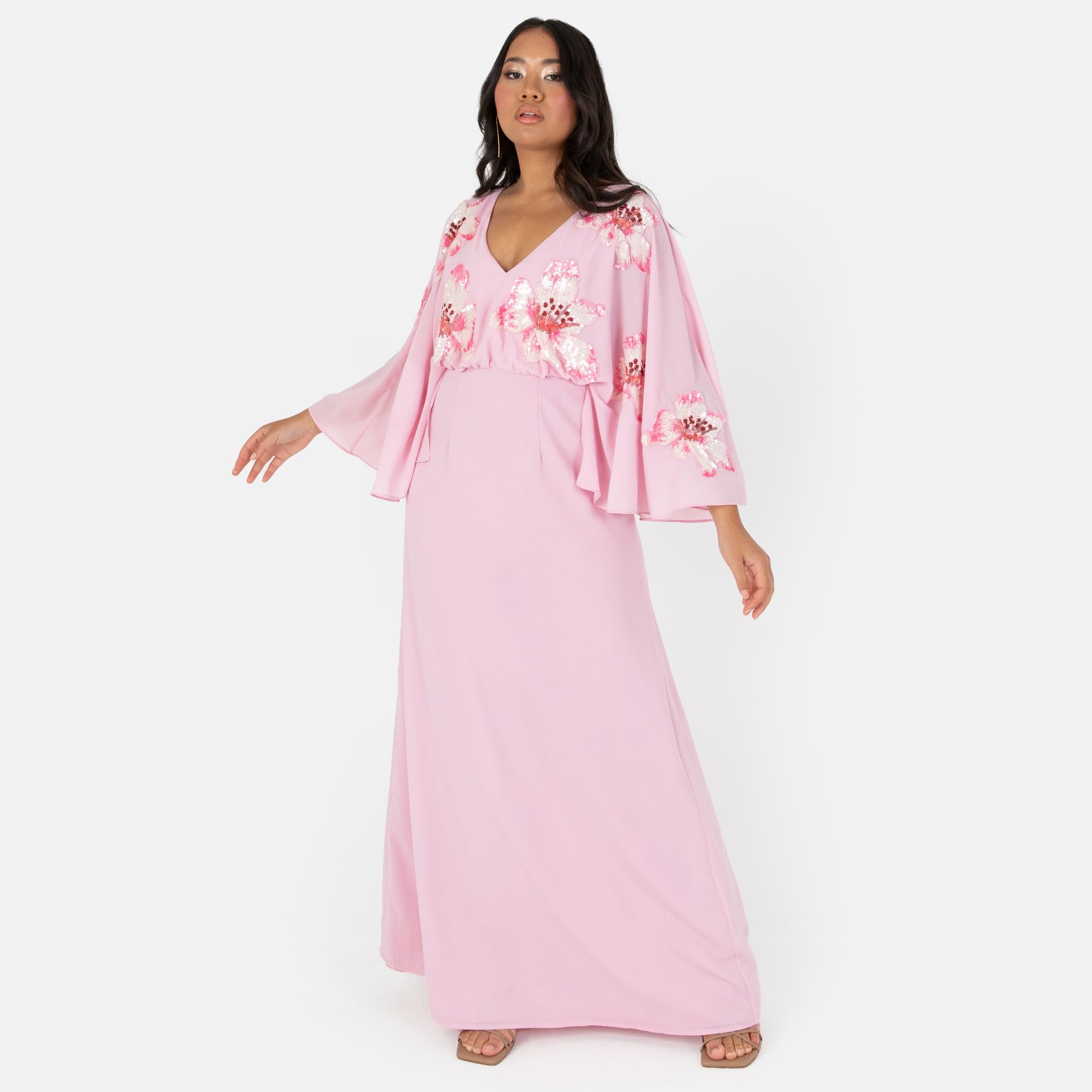 Maya Deluxe Women's Maxi Dress Ladies V-Neck Long Cape Sleeve Floral Sequin Embellished A-Line for Wedding Guest Evening Occasion Vestito Donna