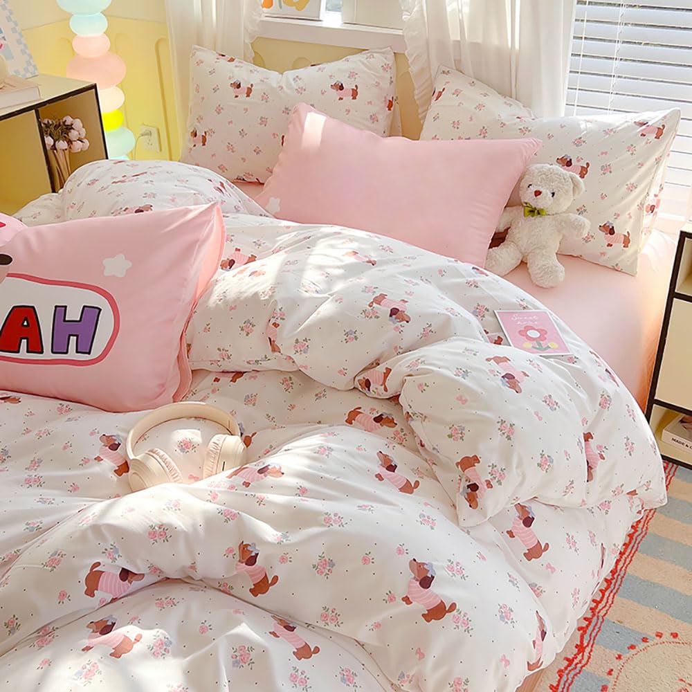 Nyescasa Sausage Dog Duvet Cover Sets King White Pink Dachshund Flowers Floral Microfibre Bedding Set Botanical Aesthetic Quilt Comforter Cover 220x230 with Zipper Closure and 2 Pillowcases 50x75 cm — image 1