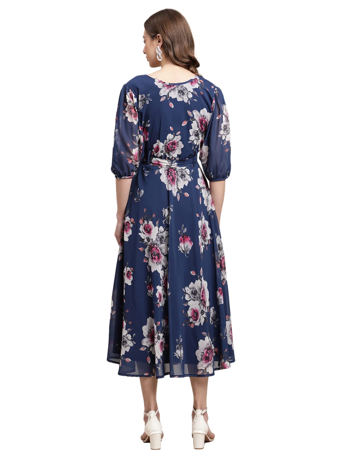 Preneum Women's Maxi Fit & Flare Latest Style Print Georgette Regular Sleeves Casual Summer Maxi Dress || Festival & Occasion, Light Blue, L