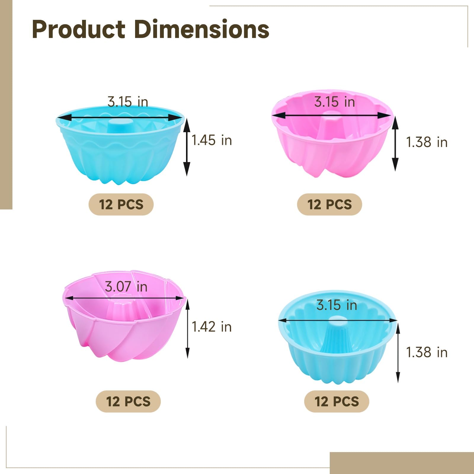48 pièces moules à pâtisserie en silicone, lot de 4 formes de moules tubulaires cannelés, coupelles anneau antiadhésives, moules à muffins réutilisables, couleurs pastel, env. 3,8 x 7,8 cm