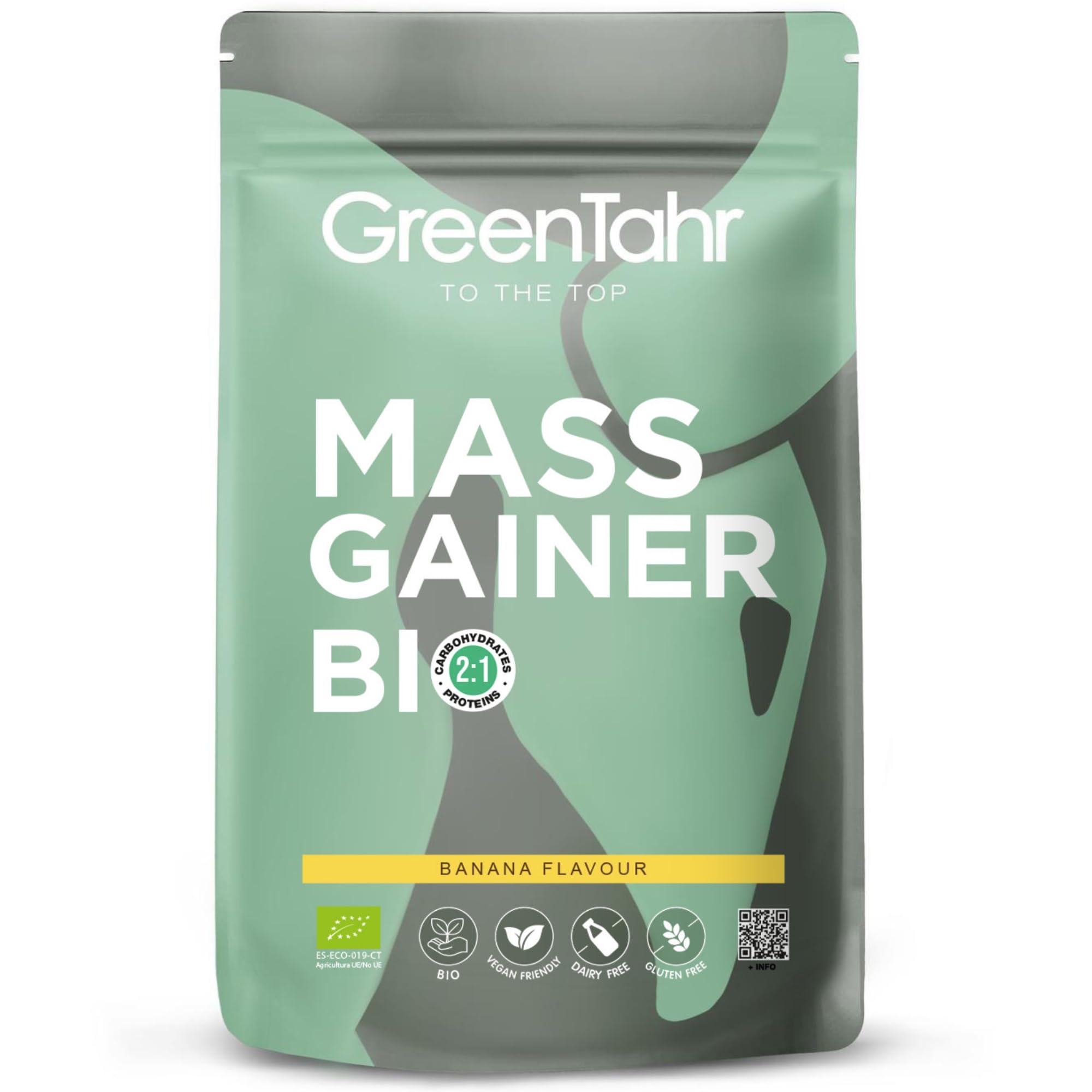 Green Tahr Mass Gainer Vegano Bio. Integratore Carboidrati e Proteine in Polvere per Aumentare Massa Muscolare. Senza Glutine, con Maltodestrine e Vegan Protein. Gusto Banana. 17 Dosi, 1,2 Kg