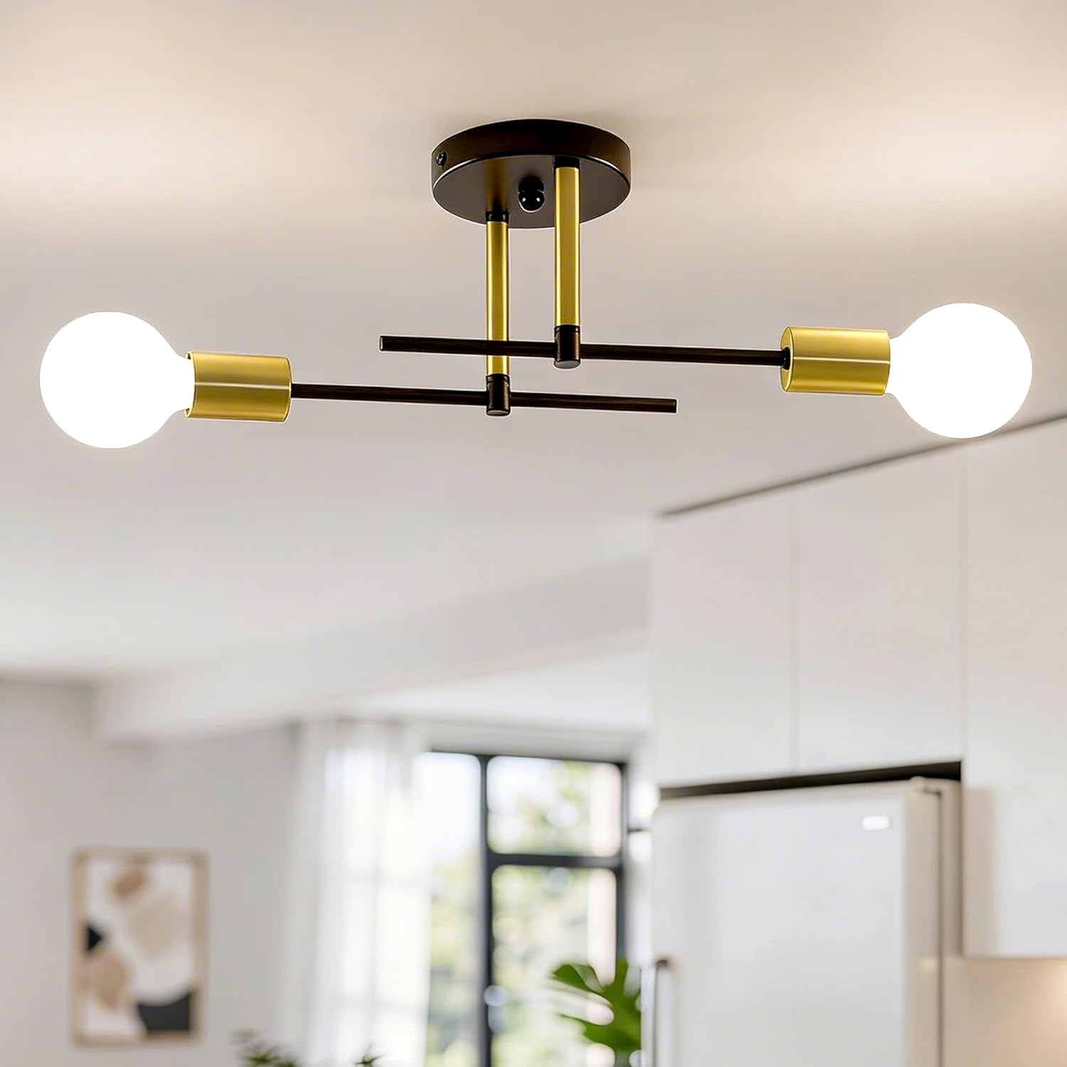 Modern Sputnik Chandelier Ceiling Light Fixtures, 2-Lights Mid Century Industrial Metal Semi Flush Mount for Dining Room, Bedroom, Living Room-Black and Gold