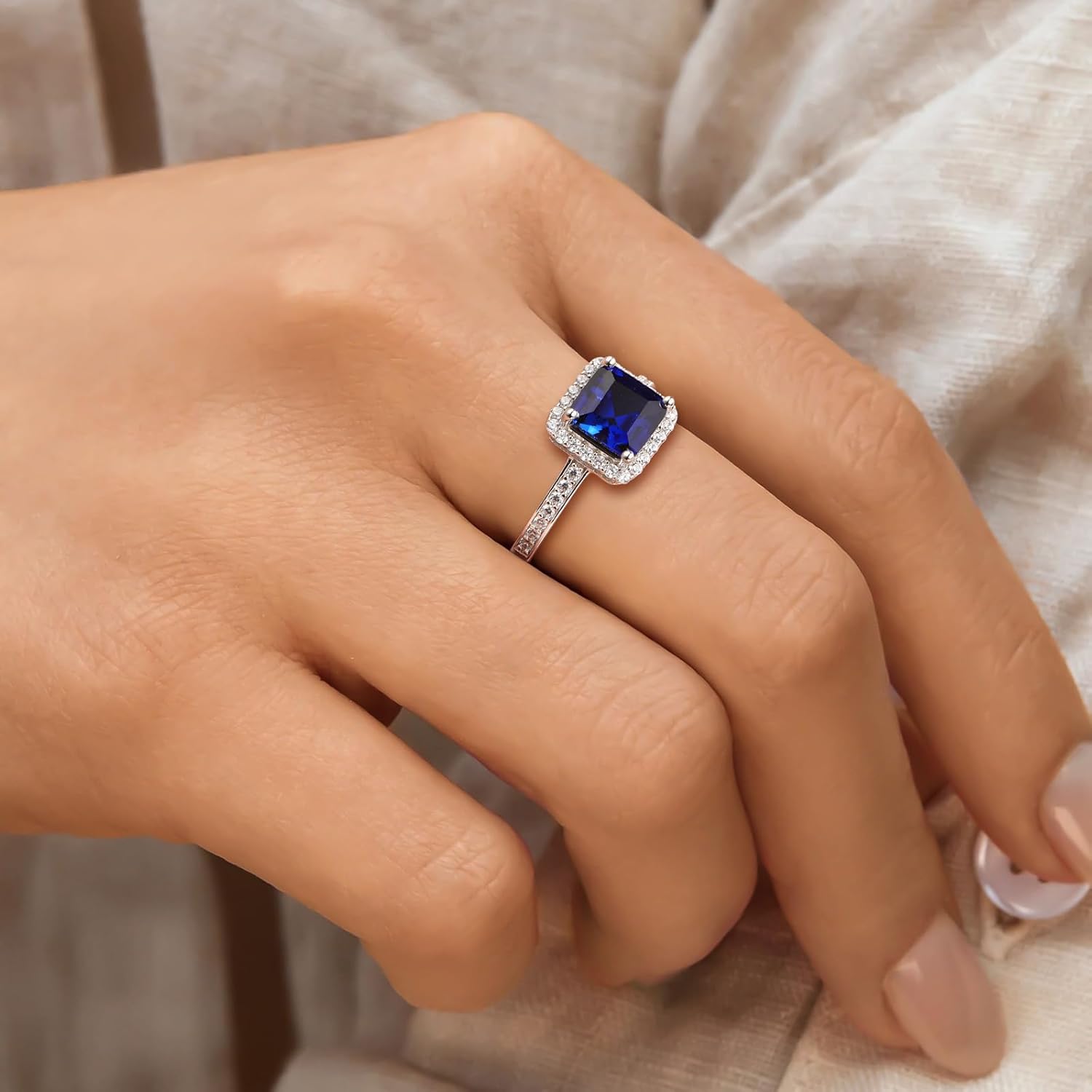 Vintage Style Engagement Ring White Gold Plated Sterling Silver White Sapphire Inlaid Big Cocktail Rings Emerald/Ruby/Aquamarine/Sapphire Ring Gift for Bride Wife Lover, Send Gift Box - Image 7