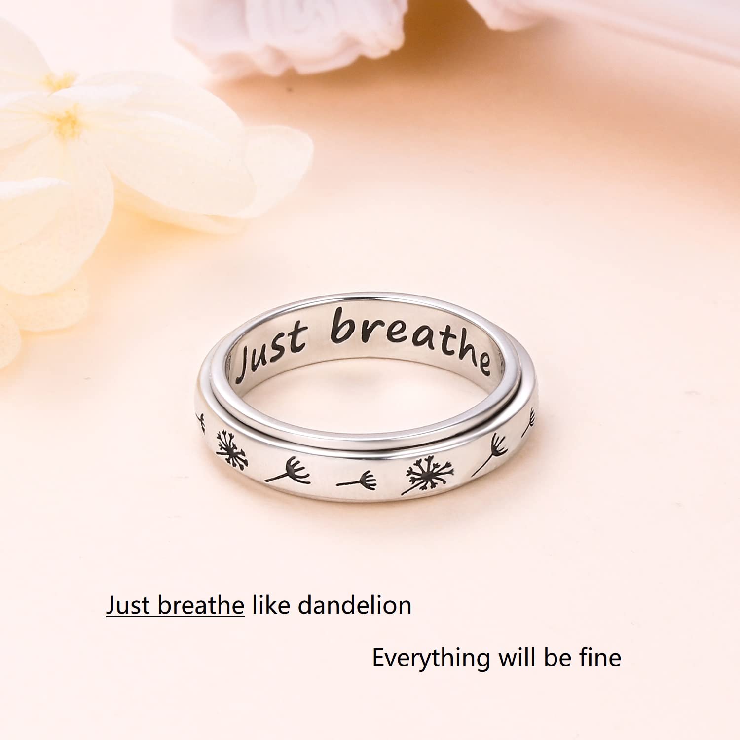 Flyow Just Breathe Spinner Bague en argent sterling 925 avec pissenlit anti-stress, anti-stress, TDAH, autisme