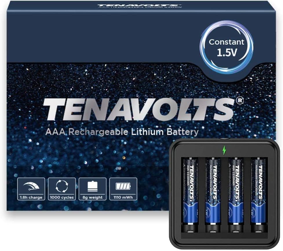 TENAVOLTS 1.5V AAA Rechargeable Lithium Battery, Pre-Charged Batteries with Ultra Long Service Life, 1.5V Constant Voltage Output, 1.8H Fast Charge, High Capacity, 1000 Cycles, USB Charger, 4 Counts