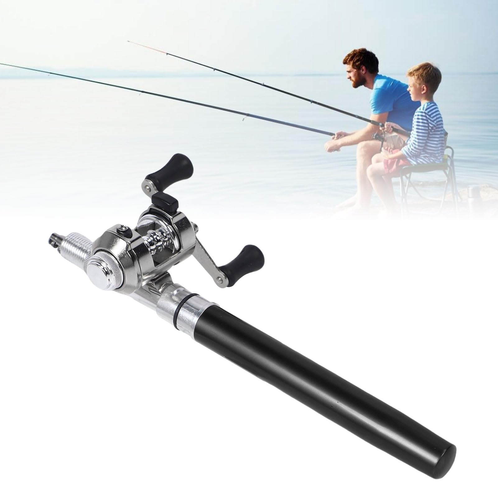 Przenośny Kieszonkowy Teleskopowy od 21 Cm do 95 Cm Mini Pen Fishing Combos i Kołki, Kieszeni na Rybak z Kołowrotkiem, do Połowy Lodowej River Lake i Tak Dalej (BLACK)