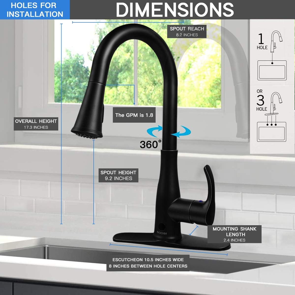 Rеvіеw Motion Sensor Automatic Touchless Kitchen Faucet Black,Soosi Single HandleTouchless Faucet Kitchen One/Three Hole 2-Function Kitchen Faucets with Pull Down Sprayer Spot Free Stainless Steel Deck Plate