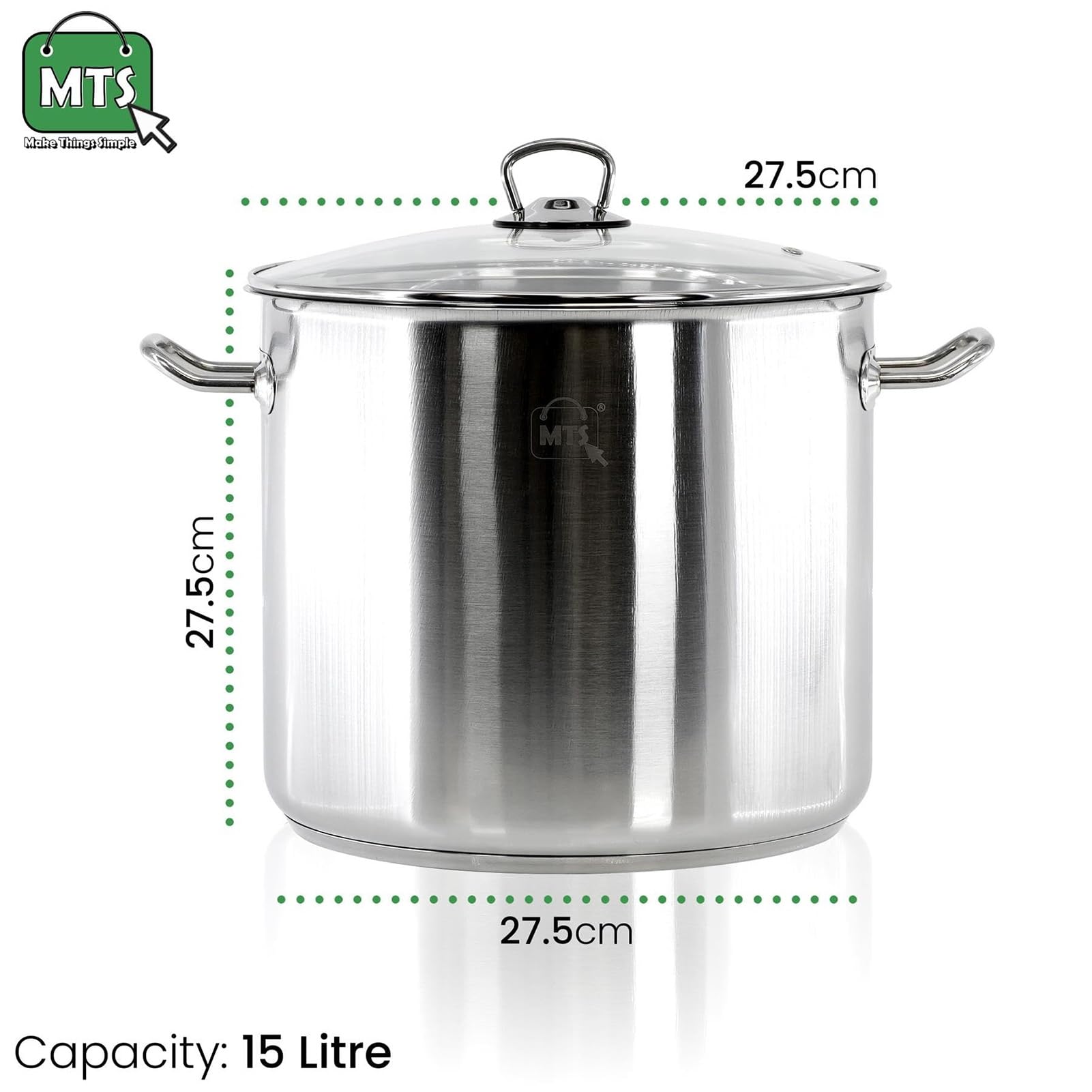 Olla Grande de Acero Inoxidable con Tapa, Olla Grande de 9 l con Tapa, Cacerola Grande y Profunda, Utensilios de Cocina, Olla para Sopa con Doble asa (15 litros)