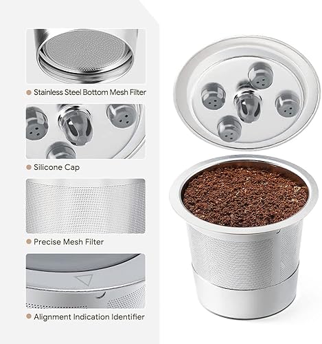 Miniatura 3 de Paquete de 4 tazas K reutilizables de acero inoxidable para K eurig Supreme & Supreme Plus, filtro universal K-eurig de cinco agujeros para cápsulas