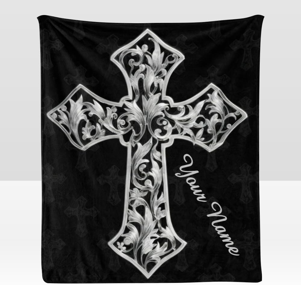 Custom Blanket with Name Text,Personalized Vintage Antique Cross Super Soft Fleece Throw Blanket for Couch Sofa Bed (50 X 60 inches)
