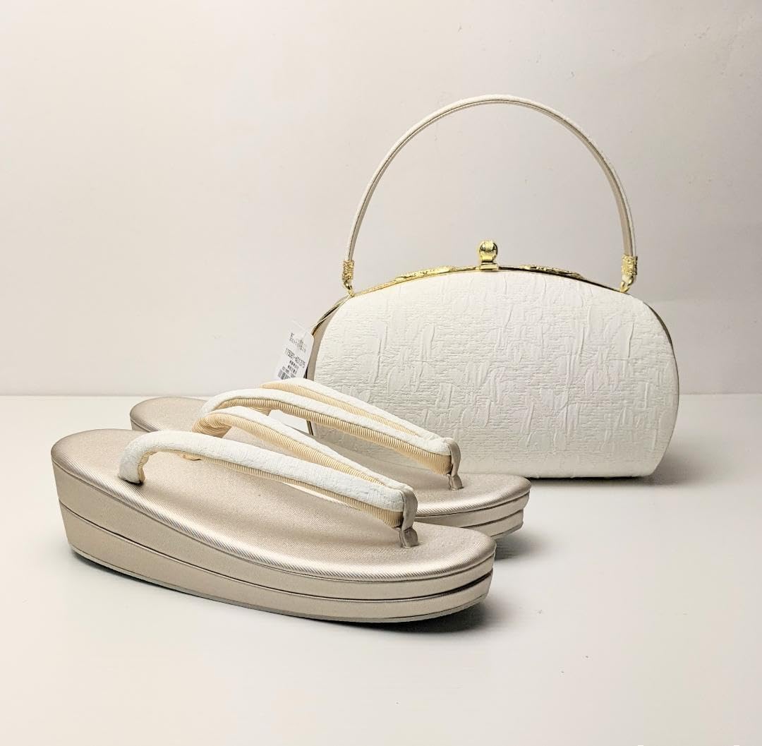 ふくれ織 草履 バッグ セット ホワイト ゴールド フリーサイズ U33-1 ふくれ織 草履 バッグ セット ホワイト ゴールド フリーサイズ