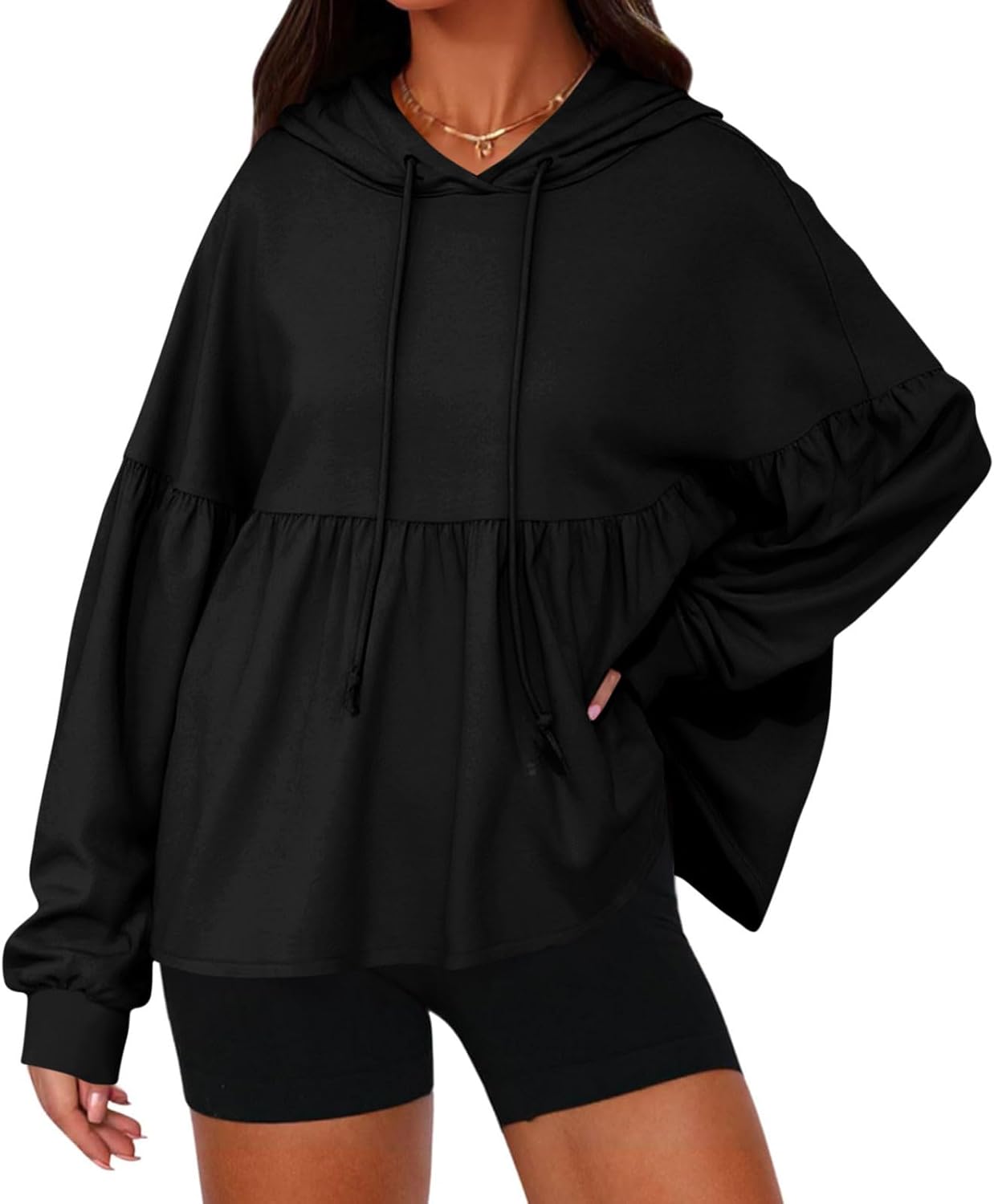 Babydoll Sweatshirts for Women Long Lantern Sleeve Drawstring Peplum Hem Loose Oversized Hoodie Pullover Tops - Image 2