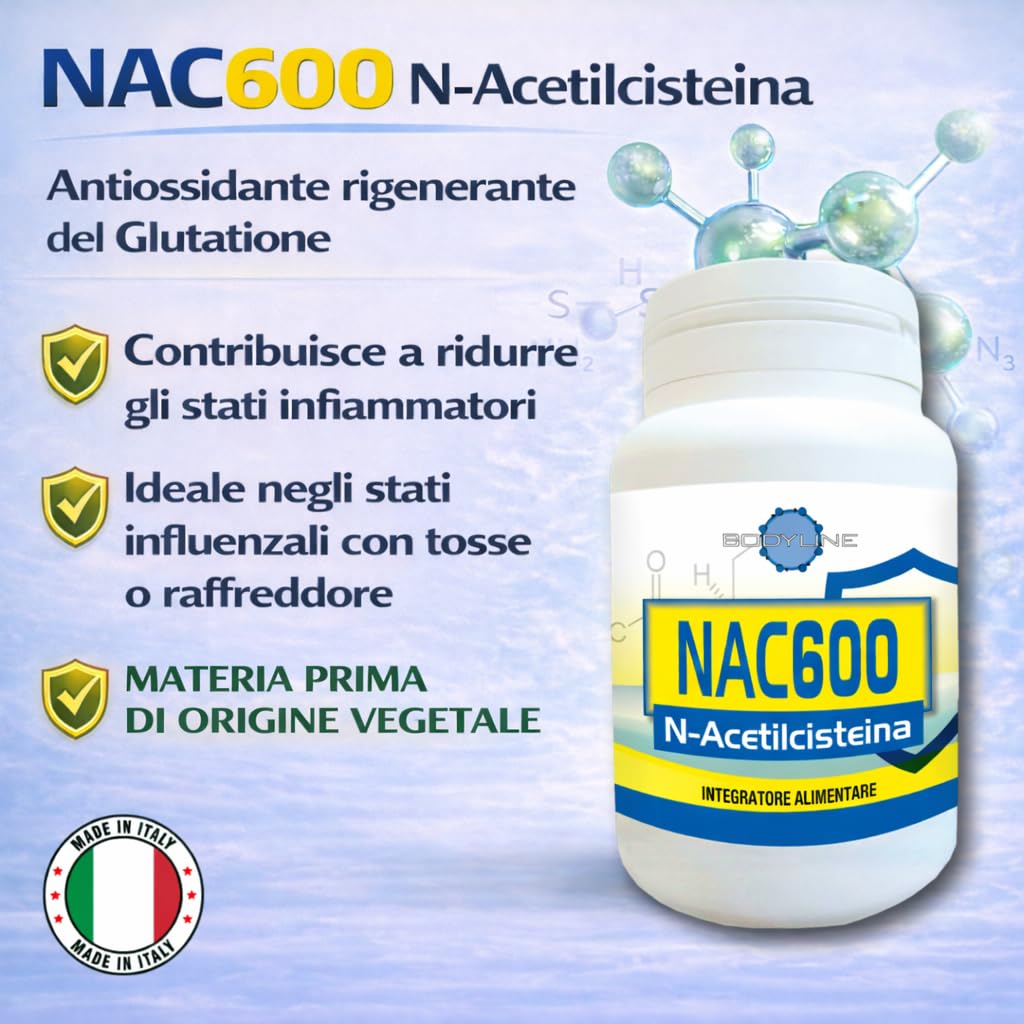 BodyLine Nac-600 N-Acetilcisteina 60 Capsule di Origine Vegetale - Precursore del Glutatione, Antinfiammatorio, Antiossidante, Mucolitico
