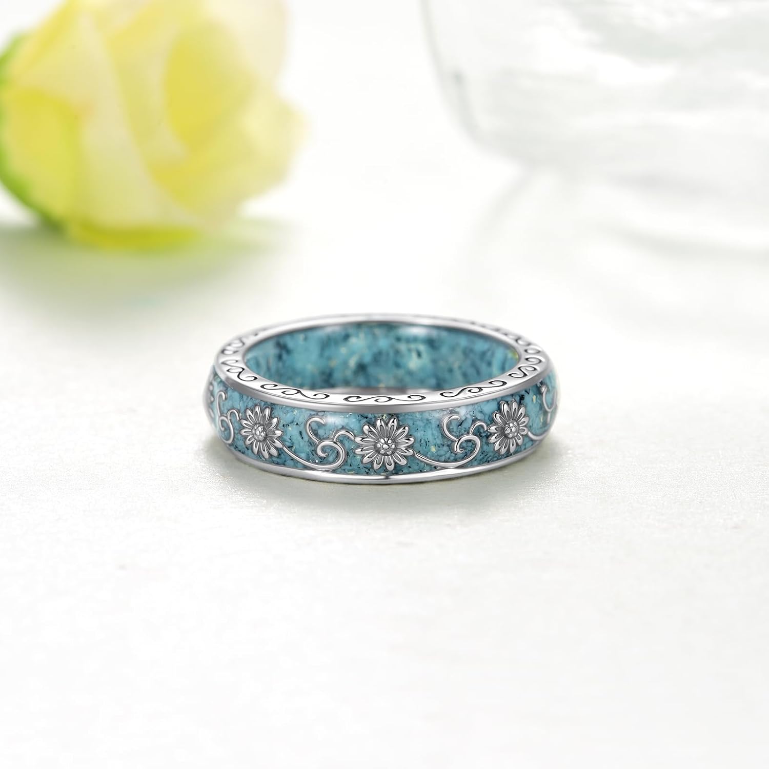 Sunflower Ring 925 Sterling Silver Turquoise Ring Sunflower Turquoise Jewelry Gifts for Women - Image 3