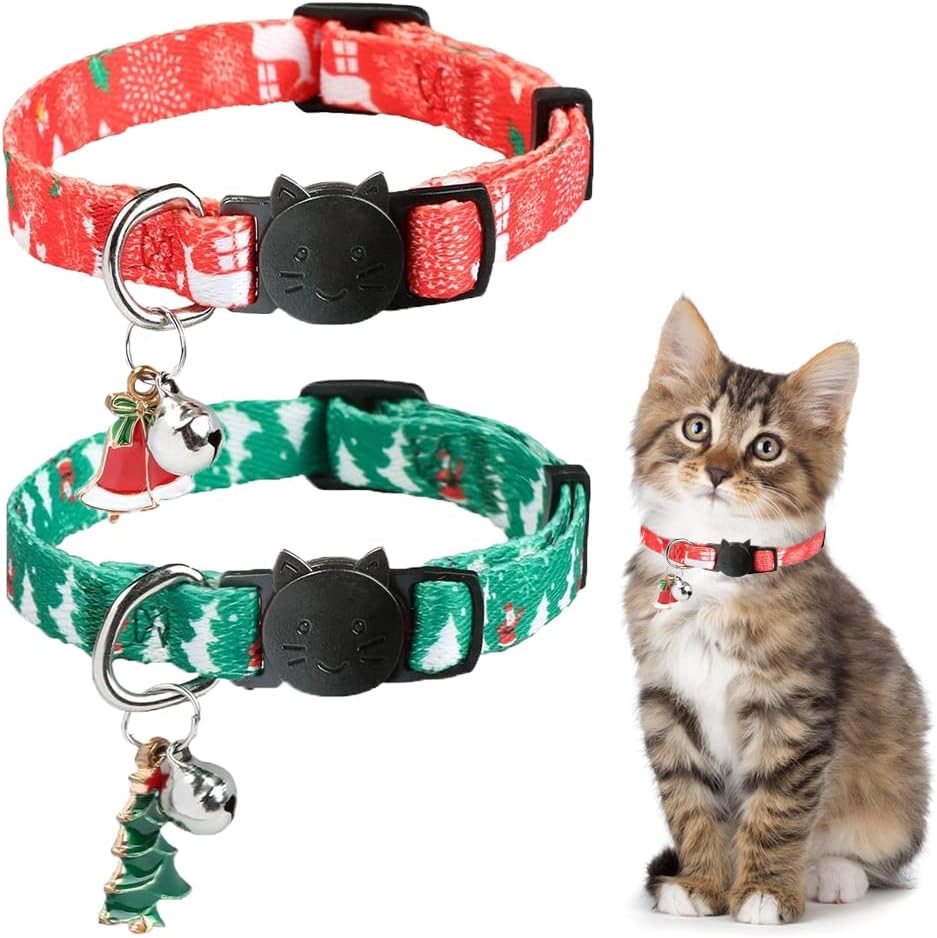 KOOLTAIL Christmas Cat Collars 2 Pack Breakaway Collar Set for Cats, Puppy Red & Green 7.5"-11.5"