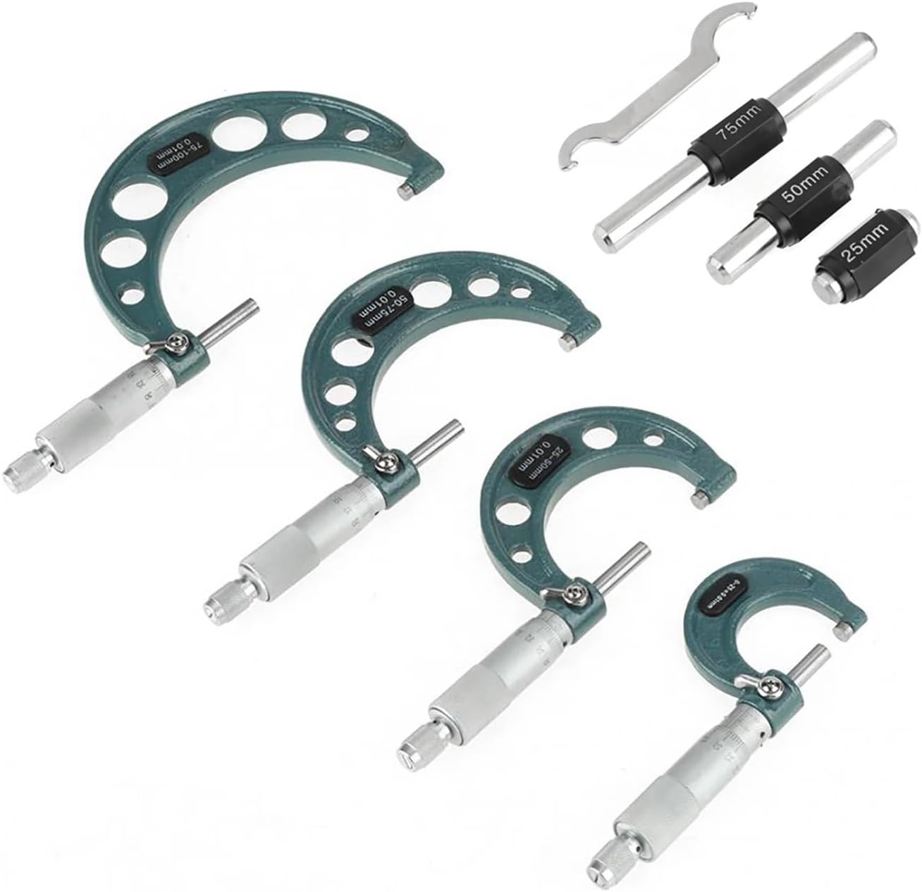 4PCS 0‑100mm Metric Outside Micrometers Thickness Gauge Measuring Calipers with Case External Micrometer Outside Micrometer