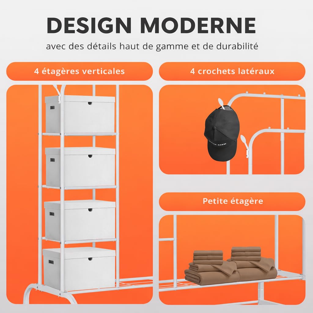 JUPPLIES Portant à Vêtements Solide à Roulettes avec 4 Étagères | Penderie Vetement Dressing sur Pieds | Charge Lourde | Rangement Chaussures