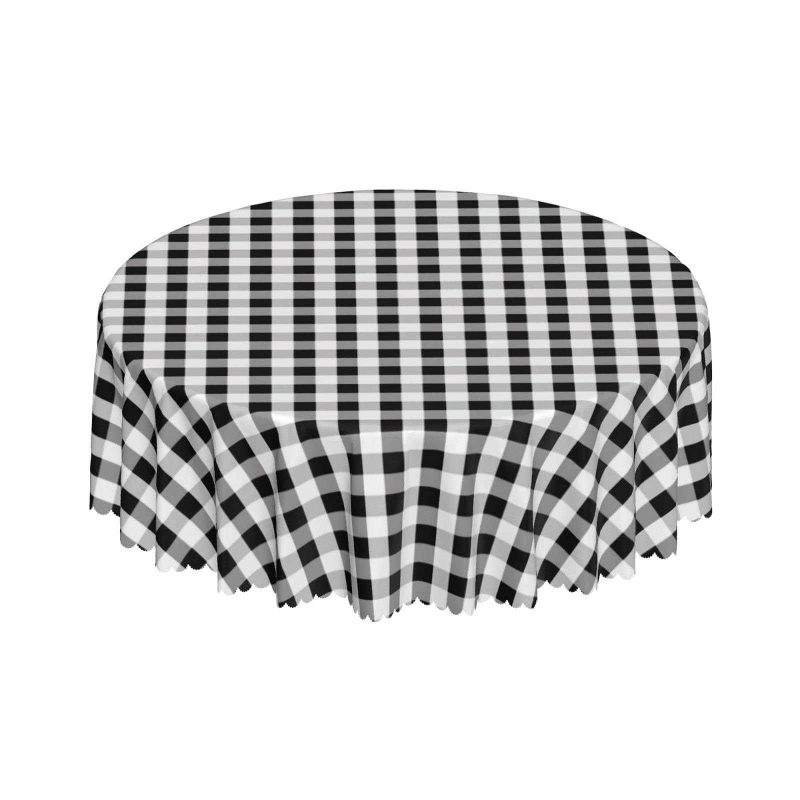 Round Tablecloth with Wave Lace 60 Inch, White Black Buffalo Check Plaid Tablecloths Round Washable Table Top Cover Cloth Table Cover for Dining Table, Buffet Parties and Camping