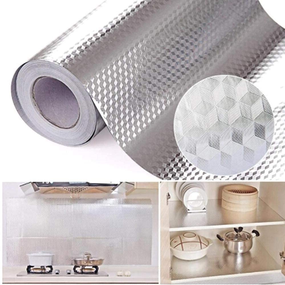 Skyzone Kitchen Backsplash Oil Proof Sticker Wallpaper Self-Adhesive Under Sink Mat Kitchen Cabinet Drawer Shelf Liner Aluminum Foil Sticker