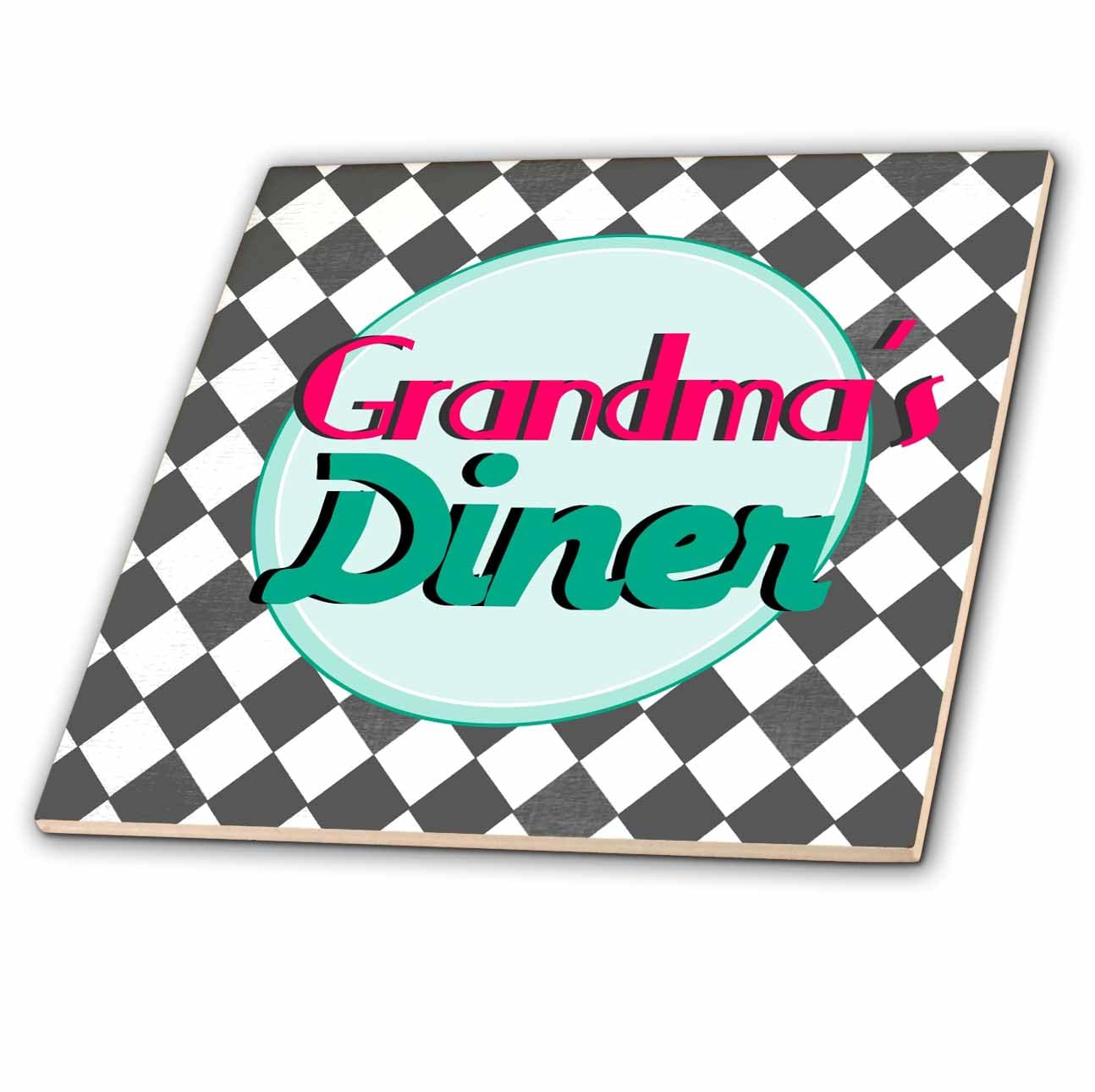 3dRose ct_151652_1 Grandmas Diner Sign on Black and White Diamonds Retro Hot Pink Aqua Teal 1950S 50S Fifties Kitchen Ceramic Tile, 4-Inch