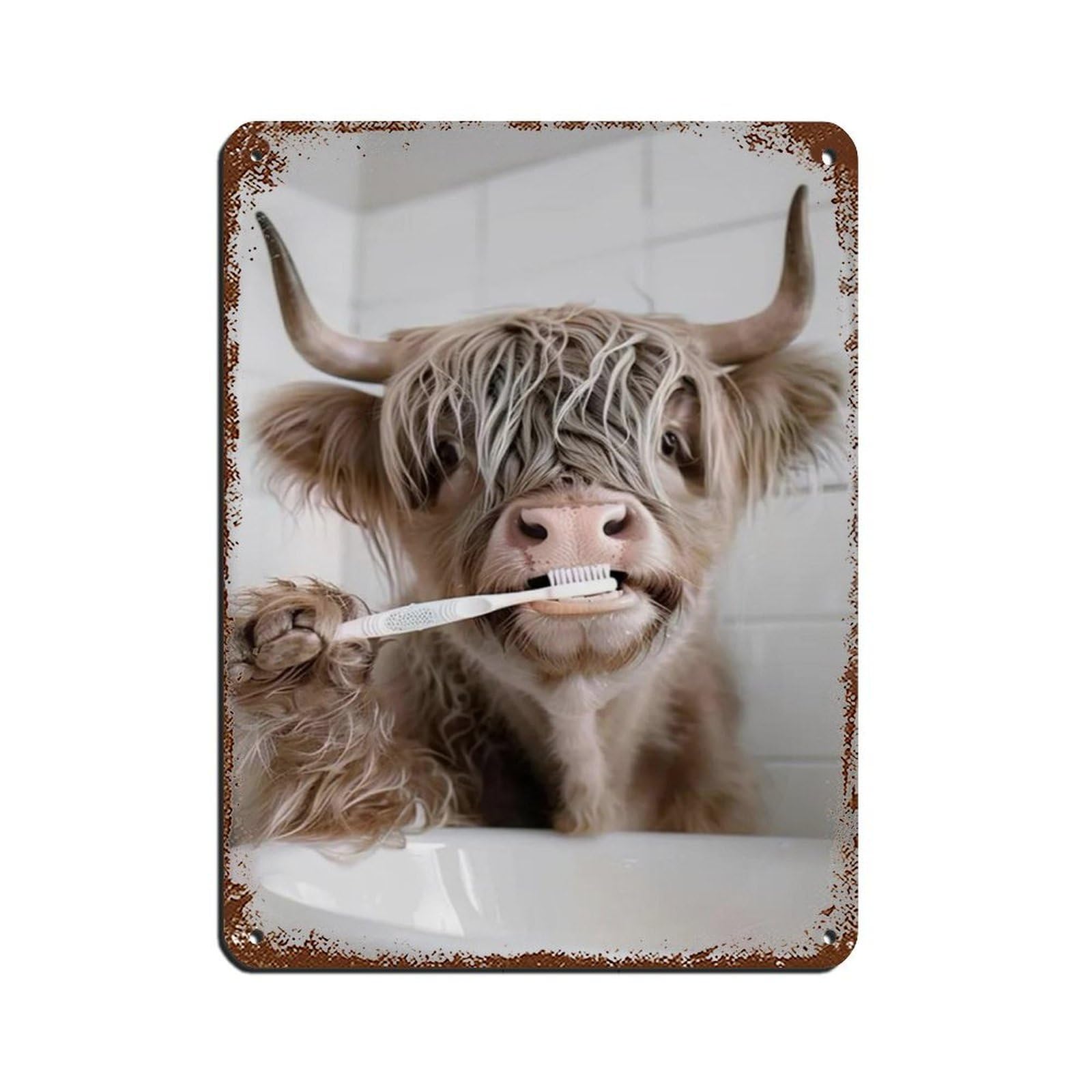 Highland Cow Brushing Teeth, Bathroom Art Tin Sign Vintage Metal Pub Club Cafe Bar Home Wall Art Decoration Poster Retro 12x16inch(30x40cm)
