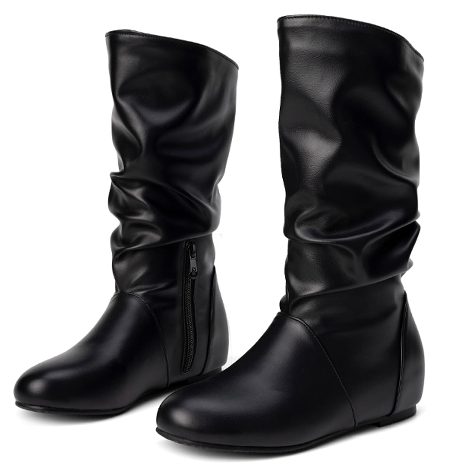 Pixoecuty US 5-13.5 Women Slouch Mid Calf Flat Boots Wedge Low Heel Renaissance Comfort Casual Boots Pull On