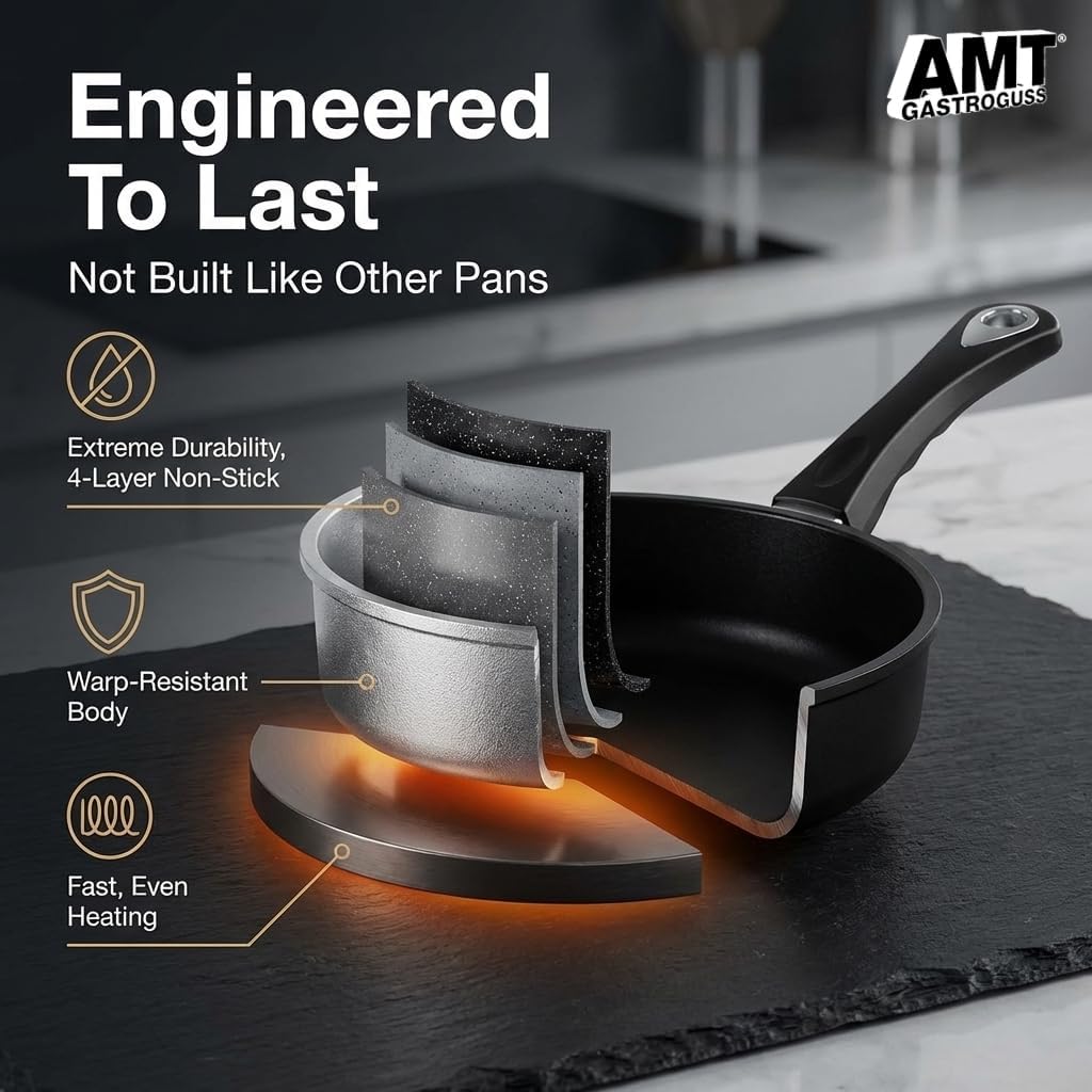 AMT Gastroguss The World’s [.] Casserole Frying Pan, 9.5 inch, 2.8 inch deep, Die-Cast Aluminum Skillet, Non-Induction Stovetop, Lotan® Non-Stick Coating, Deep Skillet, Chef Pan, AMZN-724-US