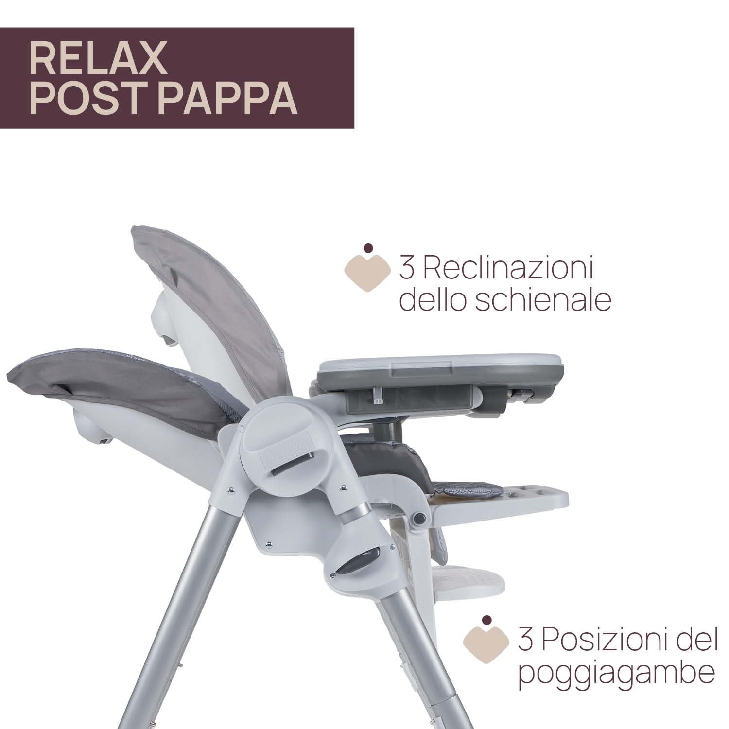 Polly Easy Seggiolone Pappa Evolutivo per Bambini da 6 Mesi a 3 Anni (15 kg), Seggiolone Reclinabile a Sdraietta con Altezza e Poggiapiedi Regolabili, 4 Ruote, Chiusura Compatta - Grey Melange