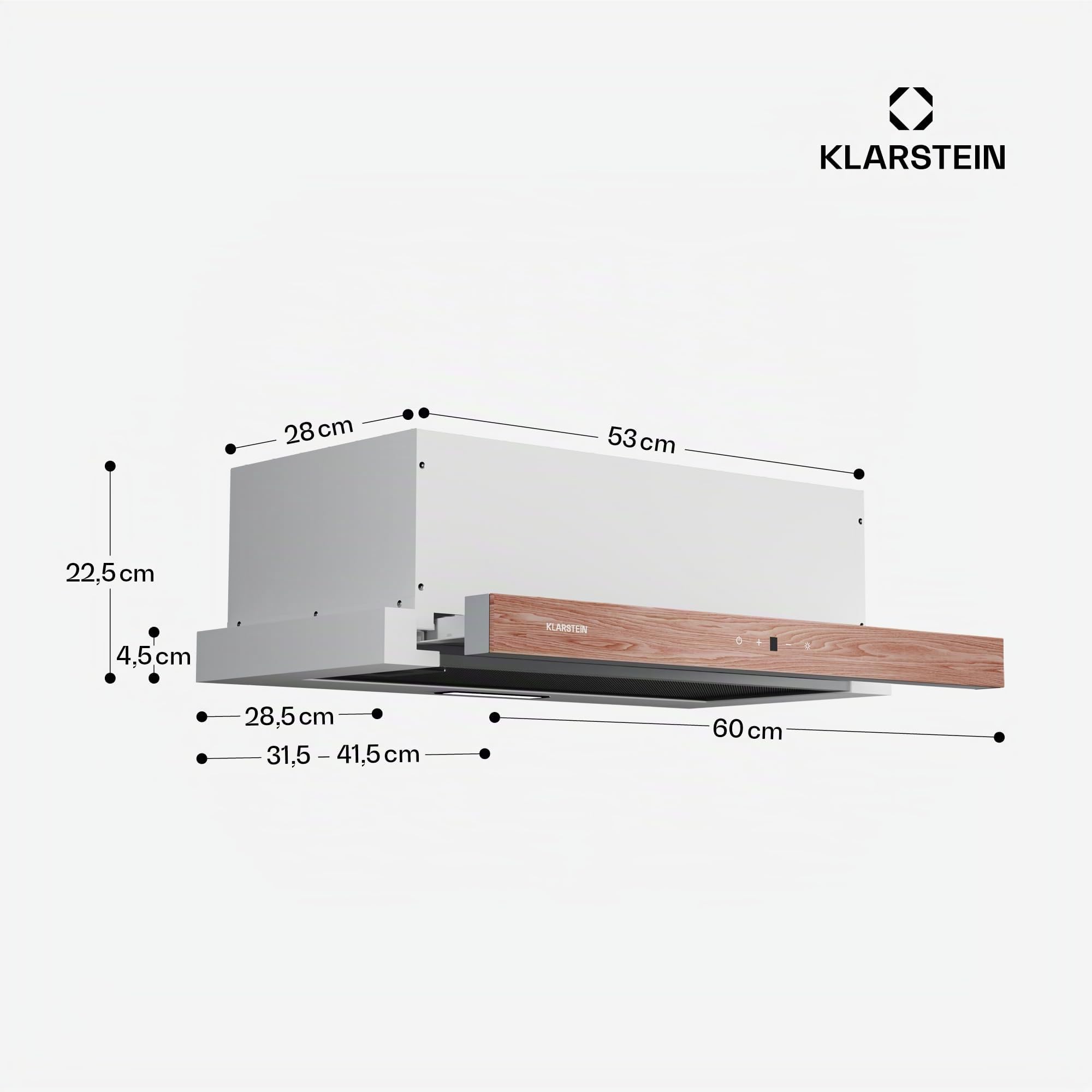 Klarstein ZenFusion Hotte Aspirante, 60cm Hotte Cuisine avec Commande Tactile, Débit 400 m³/h, Efficacité Énergétique A, Extracteur Télescopique, Éclairage LED, Filtre à Charbon Actif