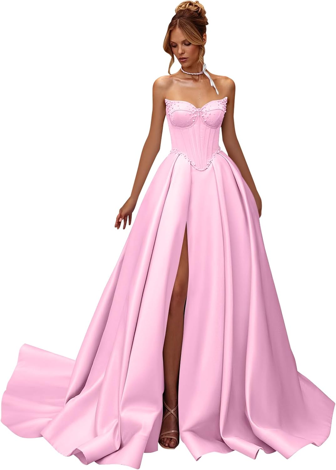 Strapless Prom Dresses Beaded Satin Ball Gown Corset Formal Evening Dress with Slit