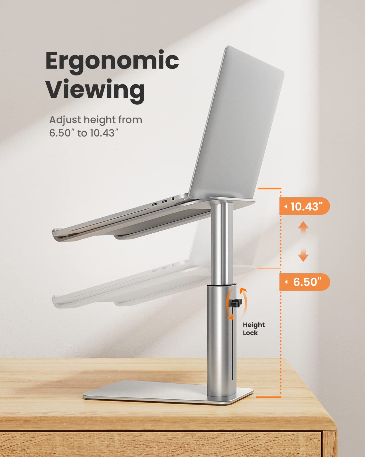 ErGear Adjustable Laptop Stand for Desk, Ergonomic Computer Stand with 10.43" Height Adjustment, Laptop Riser Holder Compatible with 10 to 15.6 Inches Notebook PC Computer, Aluminum Silver