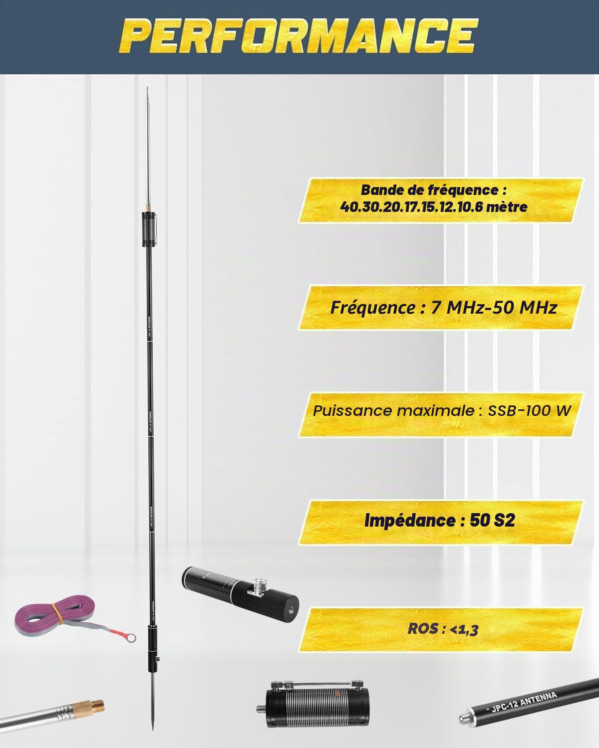 AURSINC Antennes JPC-12 Bidon RF amateur 7-50 MHz, antenne verticale universelle 40-6 m (8 bandes, extérieur), 4,1 m (M10)
