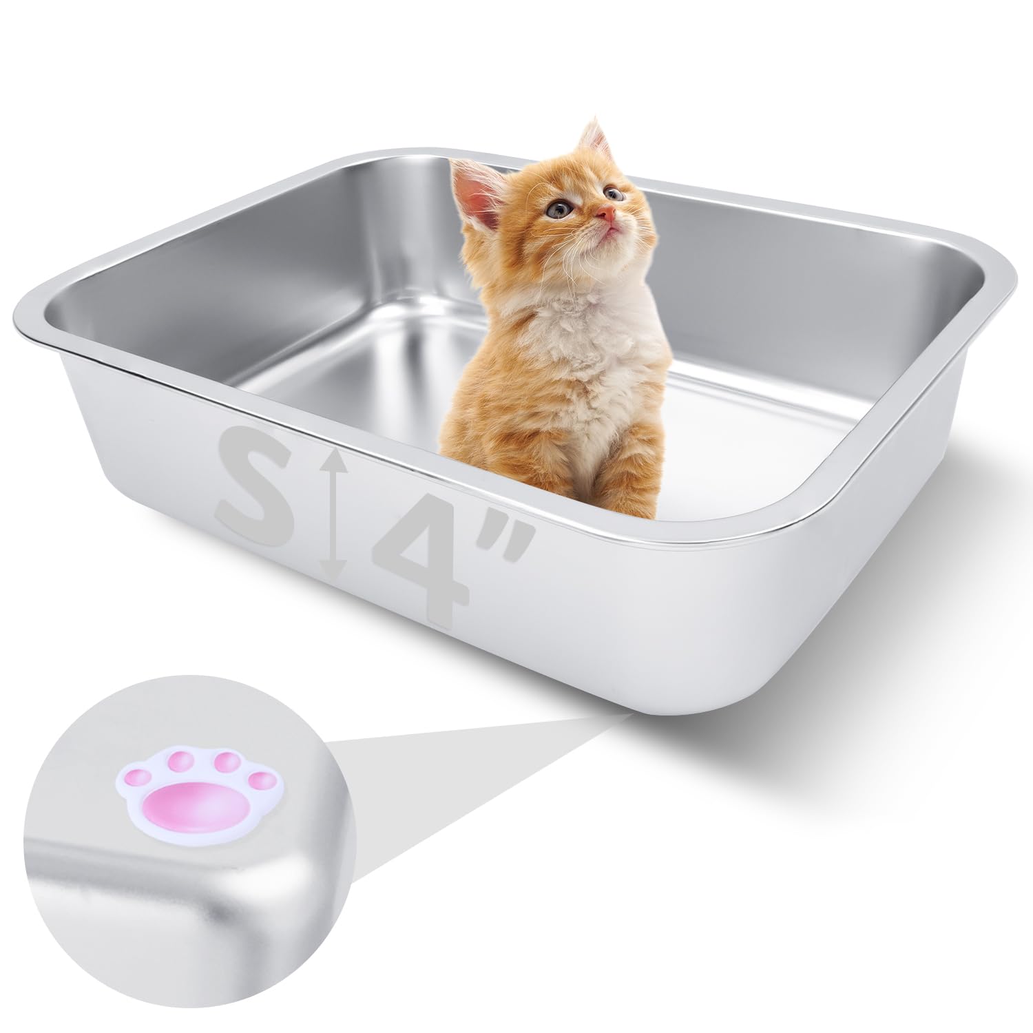 Small Stainless Steel Litter Box for Kittens, 15.5"×11.6"×4" Metal Litter Box for Kitten Rust-Proof, Non Stick, No Smell, Easy to Clean for Cats