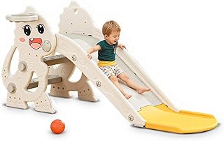 SOOFAM Toddler Slide for Kids Indoor Baby with Climber Ball Pit Slide in Pearl White Kids Indoor Freestanding Playset with Basketball Hoop